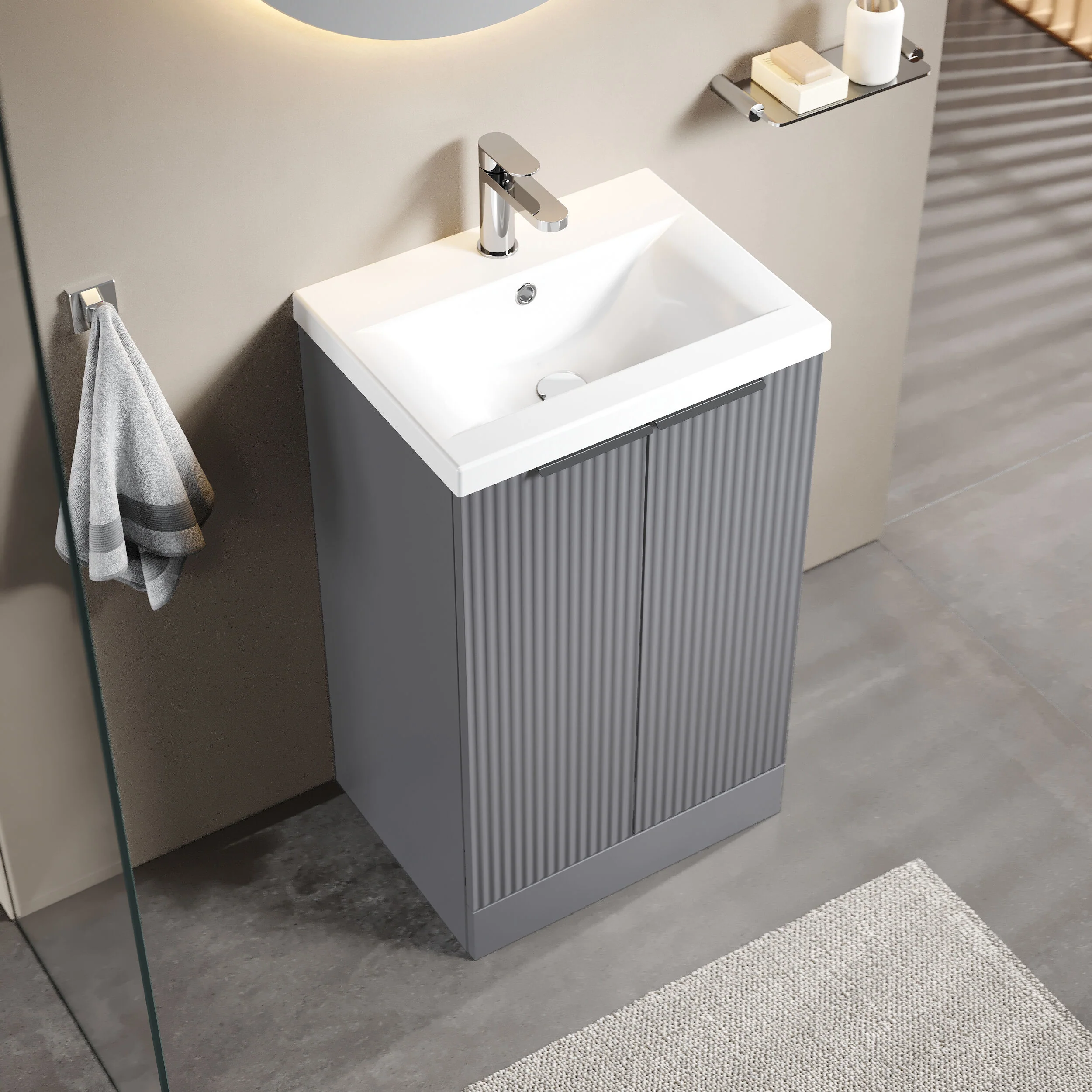Tixall Fluted Front Floor Standing Vanity Basin Unit with Choice of Size, Colour and Handle Options - Image 61