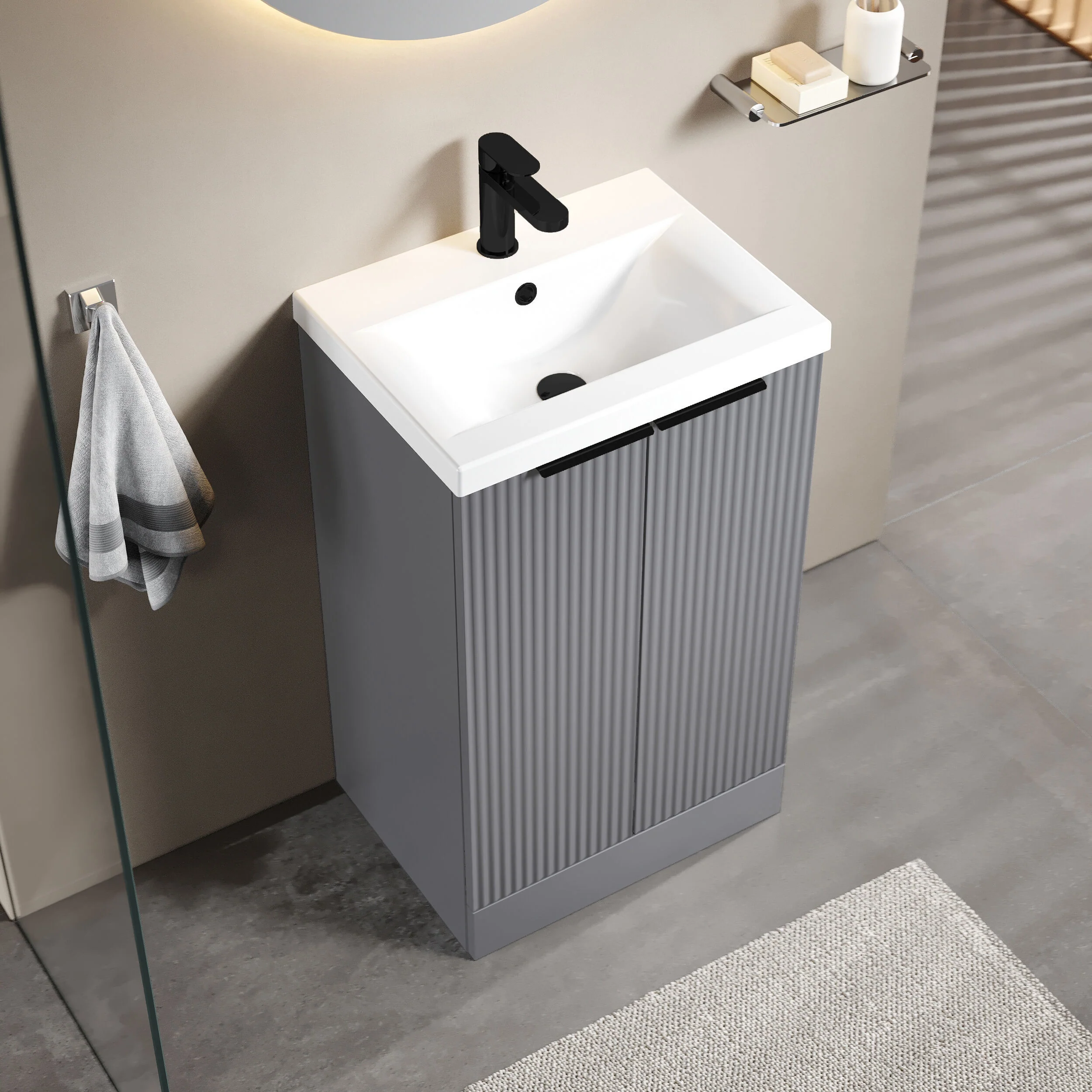 Tixall Fluted Front Floor Standing Vanity Basin Unit with Choice of Size, Colour and Handle Options - Image 62