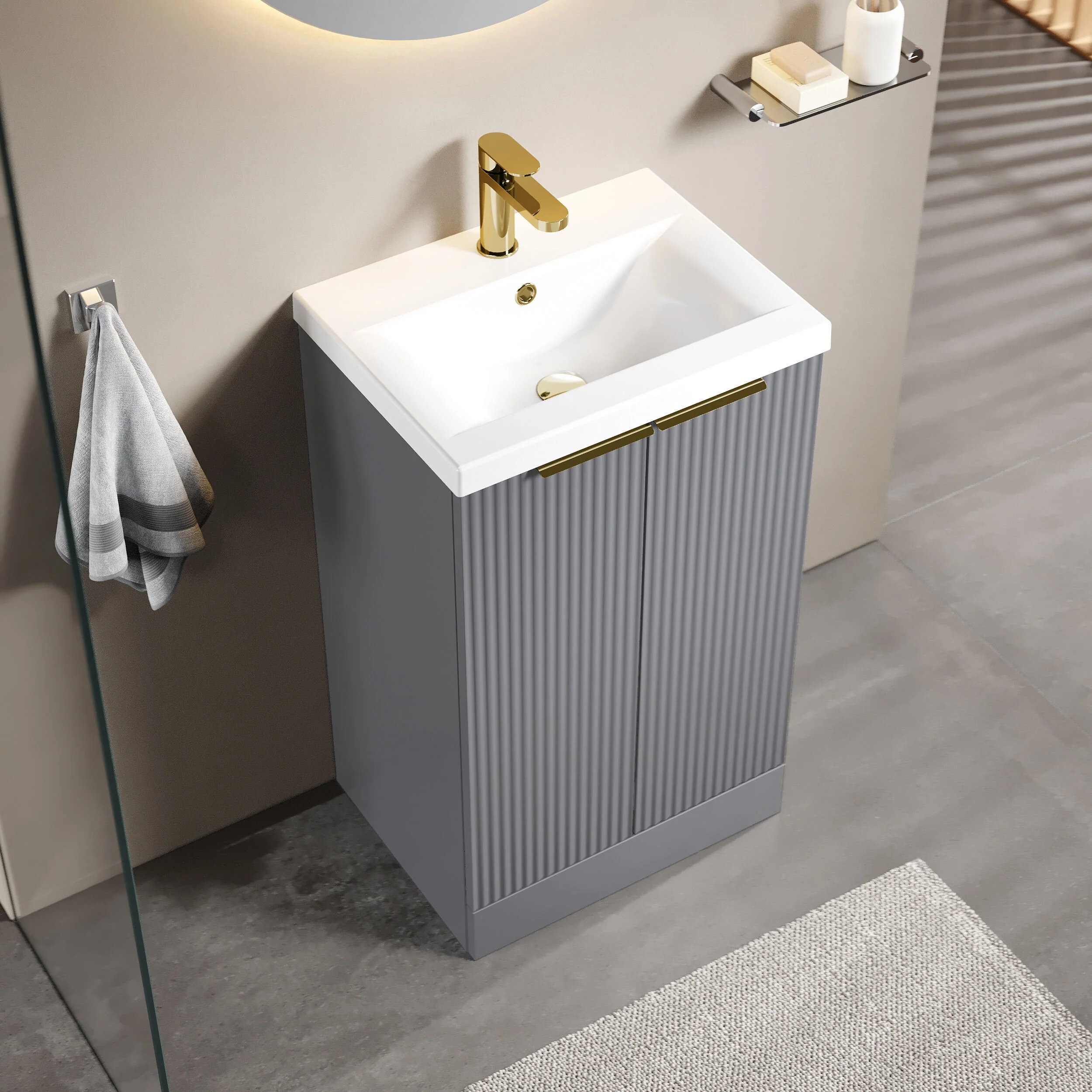 Tixall Fluted Front Floor Standing Vanity Basin Unit with Choice of Size, Colour and Handle Options - Image 63