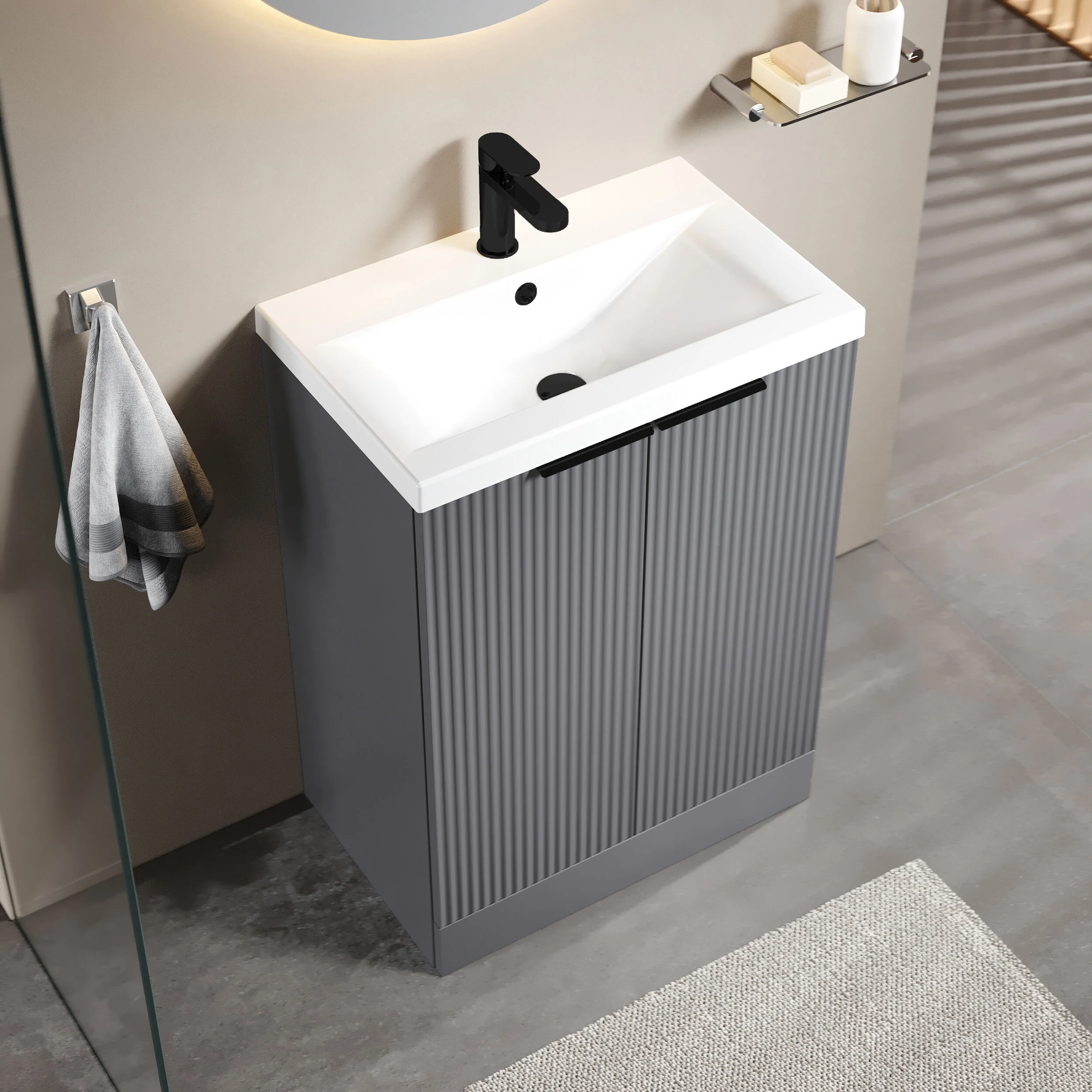 Tixall Fluted Front Floor Standing Vanity Basin Unit with Choice of Size, Colour and Handle Options - Image 64
