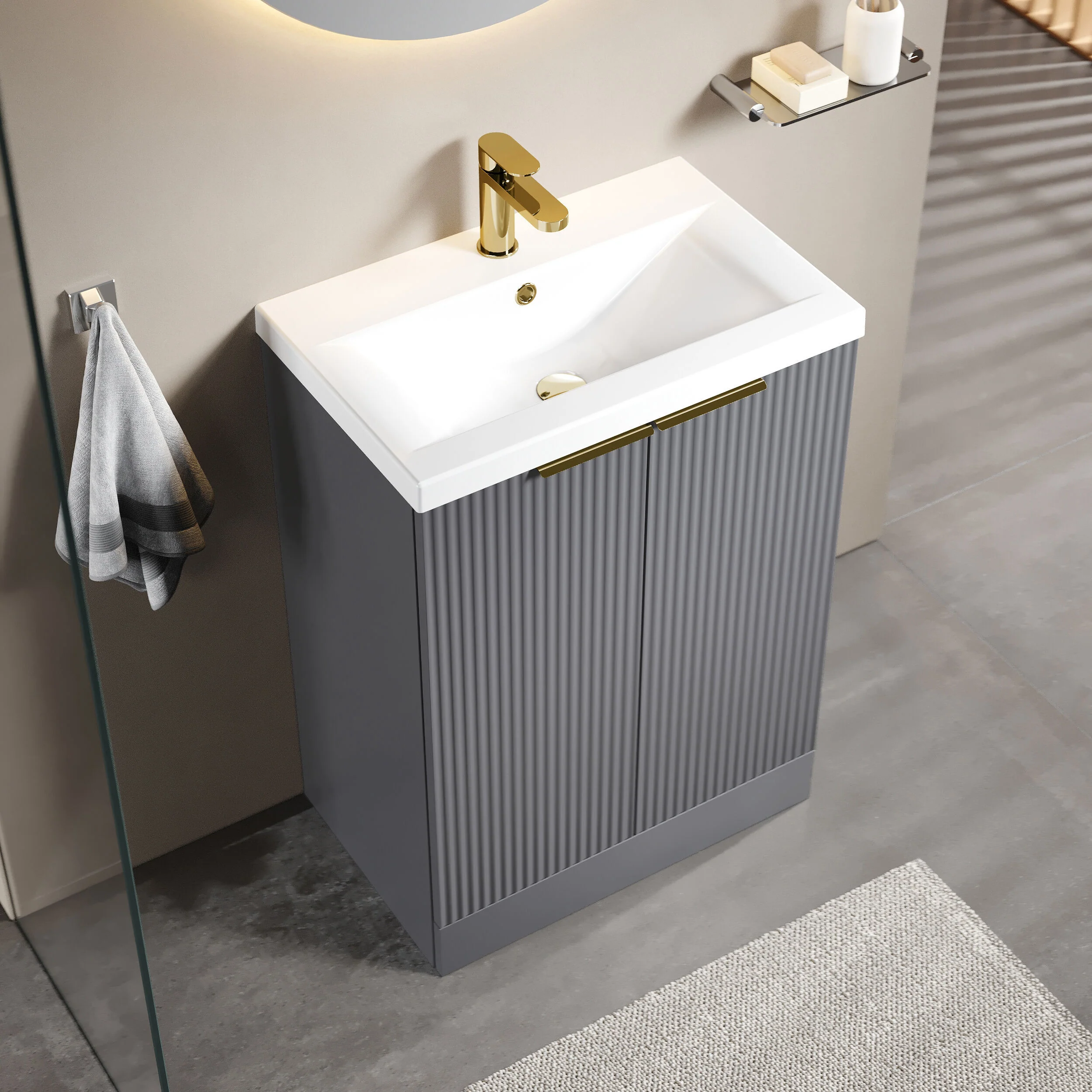 Tixall Fluted Front Floor Standing Vanity Basin Unit with Choice of Size, Colour and Handle Options - Image 65
