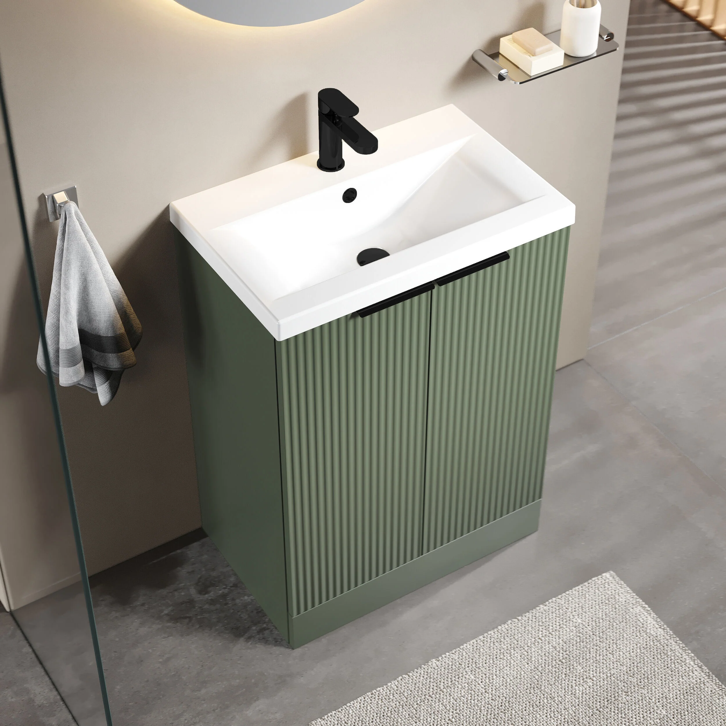 Tixall Fluted Front Floor Standing Vanity Basin Unit with Choice of Size, Colour and Handle Options - Image 75