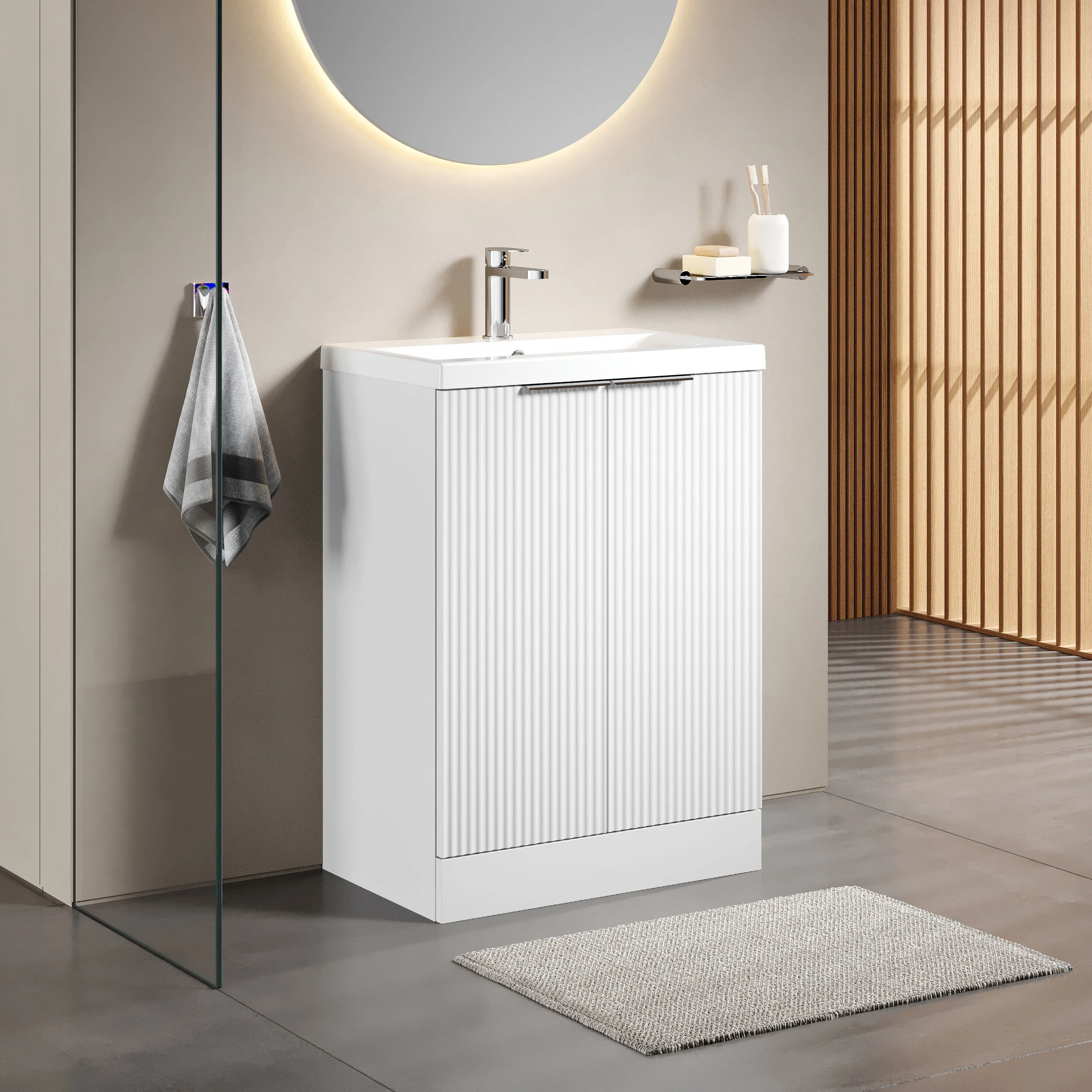 Tixall Fluted Front Floor Standing Vanity Basin Unit with Choice of Size, Colour and Handle Options - Image 80