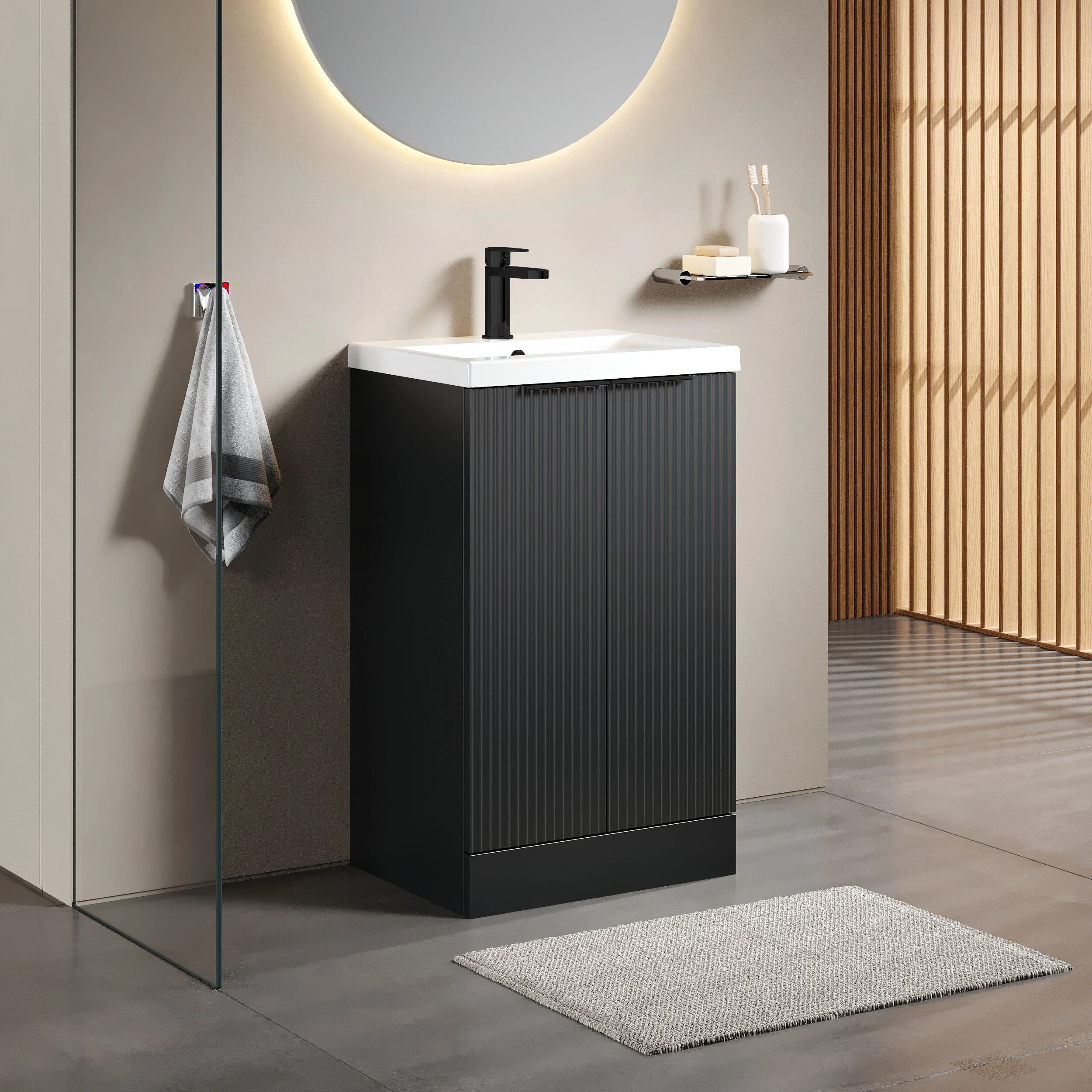 Tixall Fluted Front Floor Standing Vanity Basin Unit with Choice of Size, Colour and Handle Options - Image 84