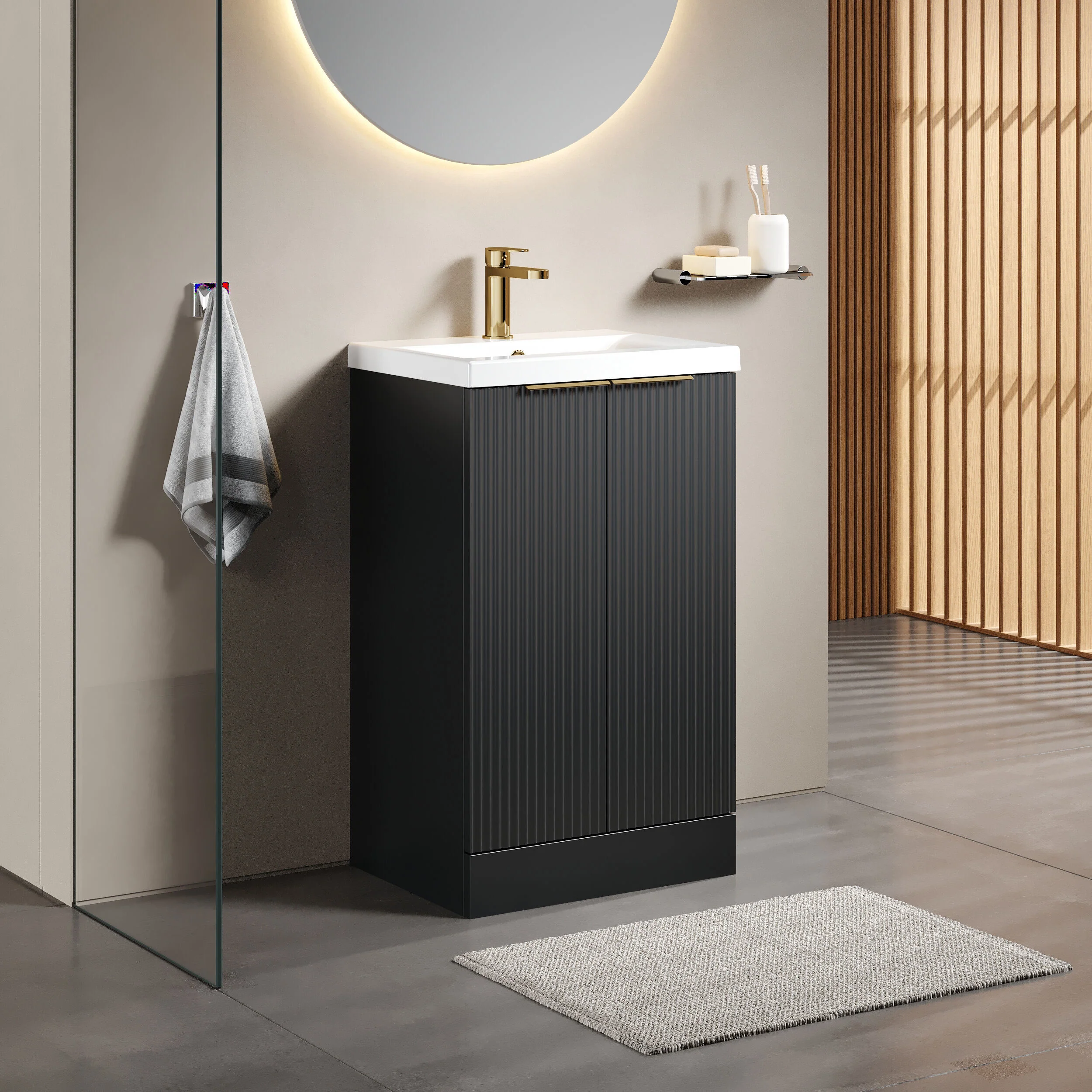 Tixall Fluted Front Floor Standing Vanity Basin Unit with Choice of Size, Colour and Handle Options - Image 85