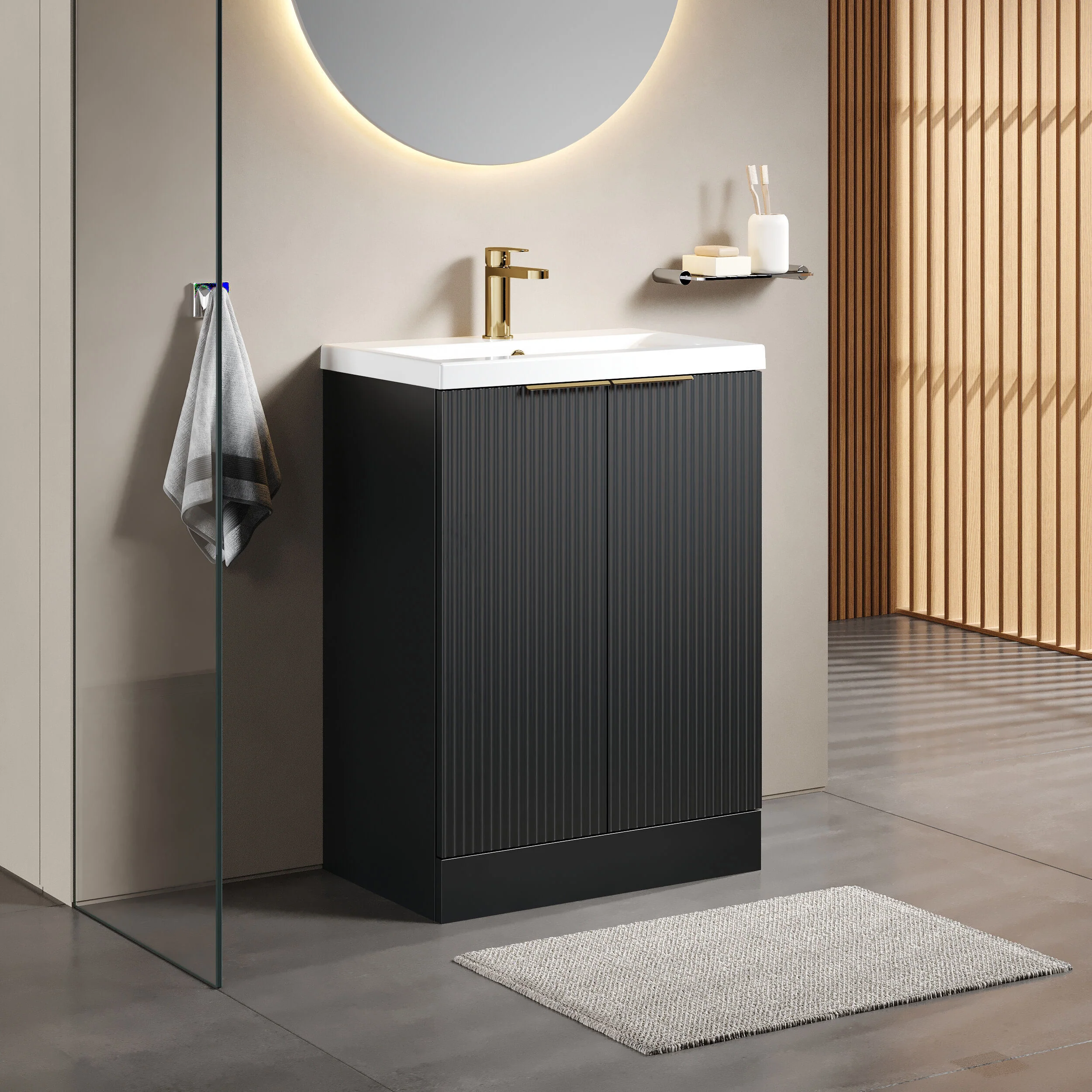 Tixall Fluted Front Floor Standing Vanity Basin Unit with Choice of Size, Colour and Handle Options - Image 88