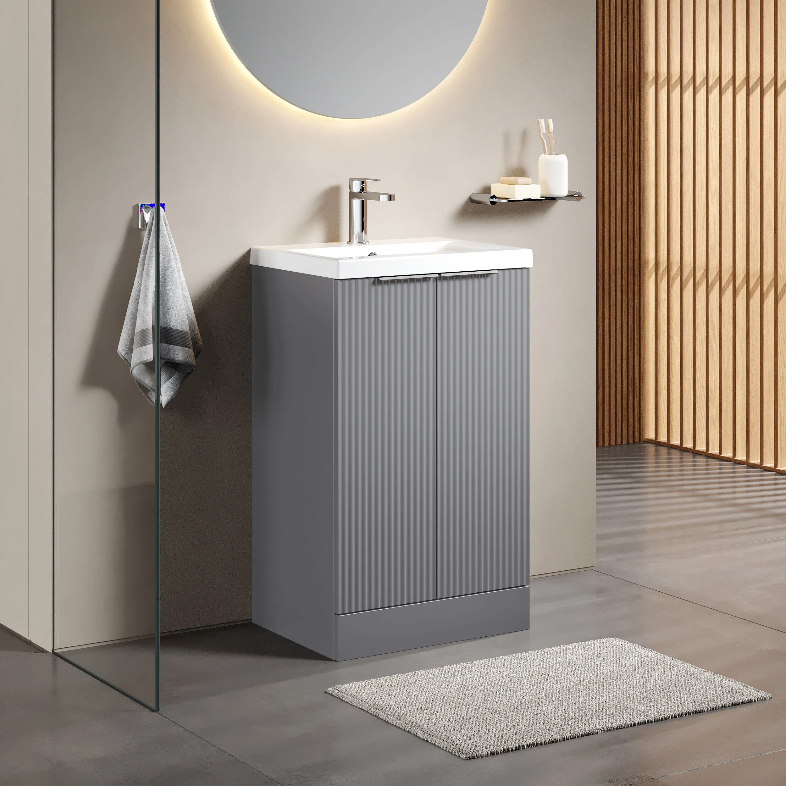 Tixall Fluted Front Floor Standing Vanity Basin Unit with Choice of Size, Colour and Handle Options - Image 89