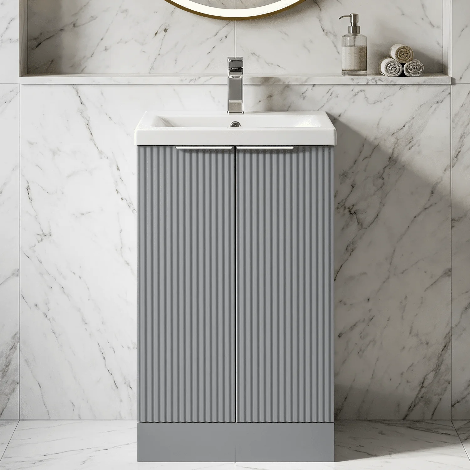 Tixall Fluted Front Floor Standing Vanity Basin Unit with Choice of Size, Colour and Handle Options - Image 9