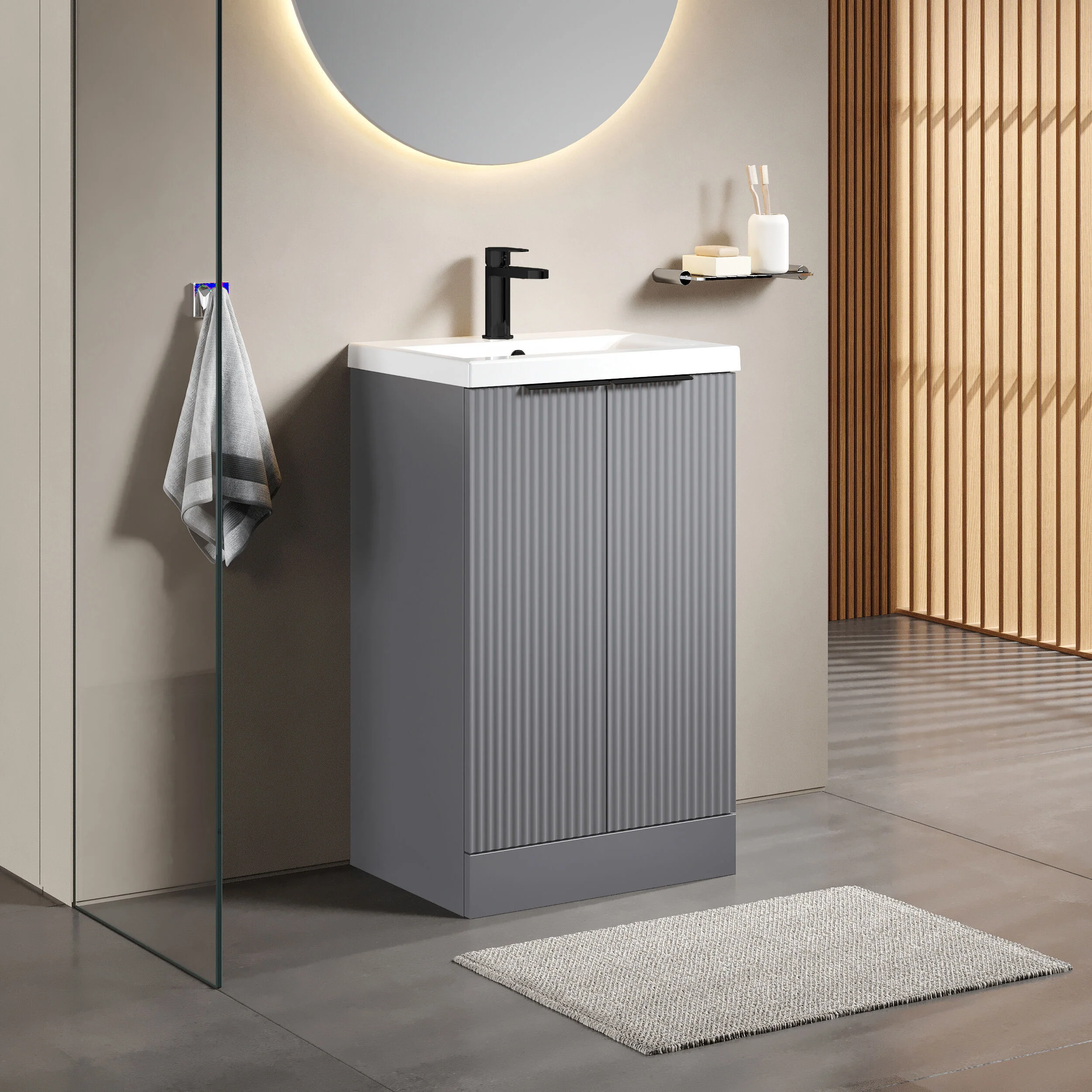 Tixall Fluted Front Floor Standing Vanity Basin Unit with Choice of Size, Colour and Handle Options - Image 90