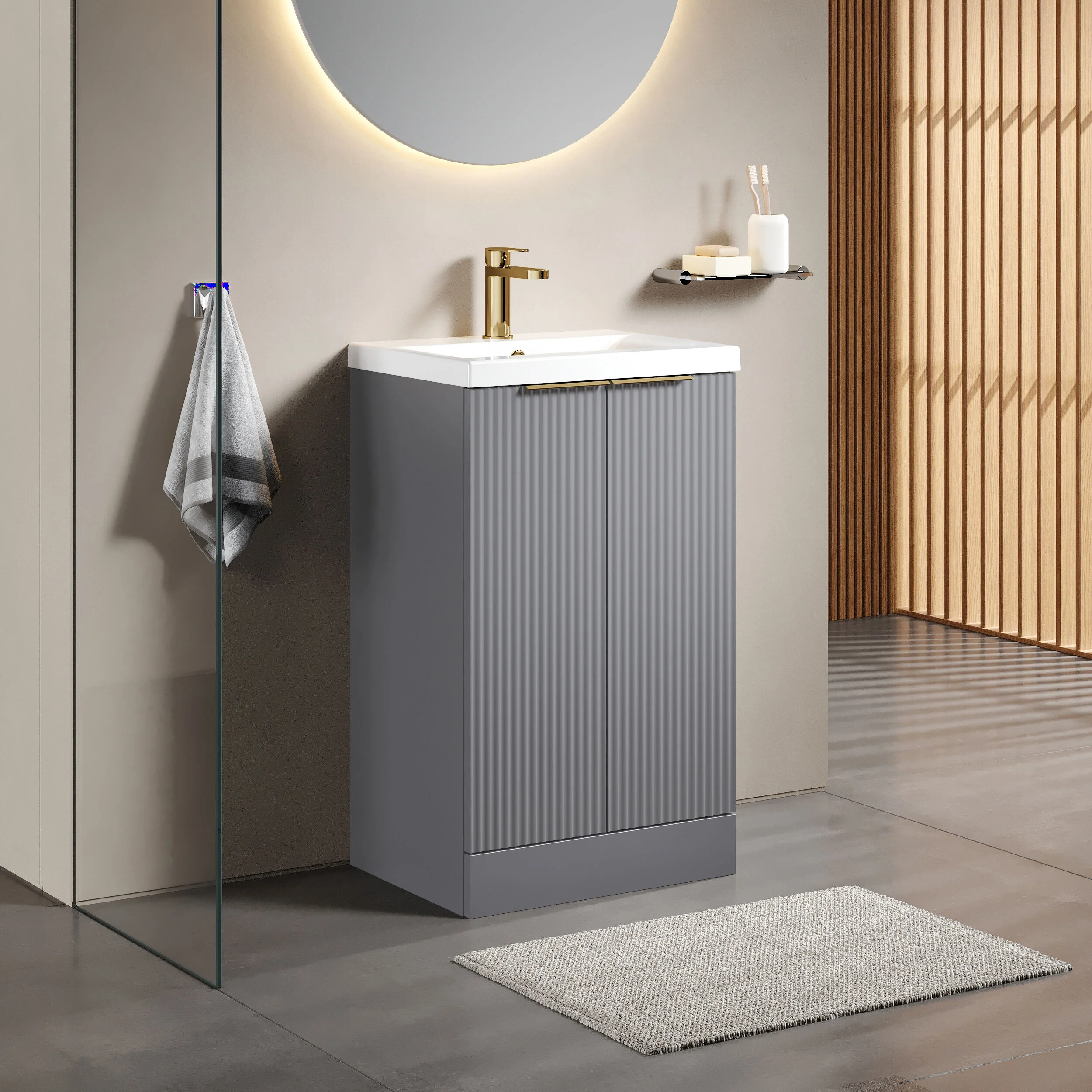 Tixall Fluted Front Floor Standing Vanity Basin Unit with Choice of Size, Colour and Handle Options - Image 91