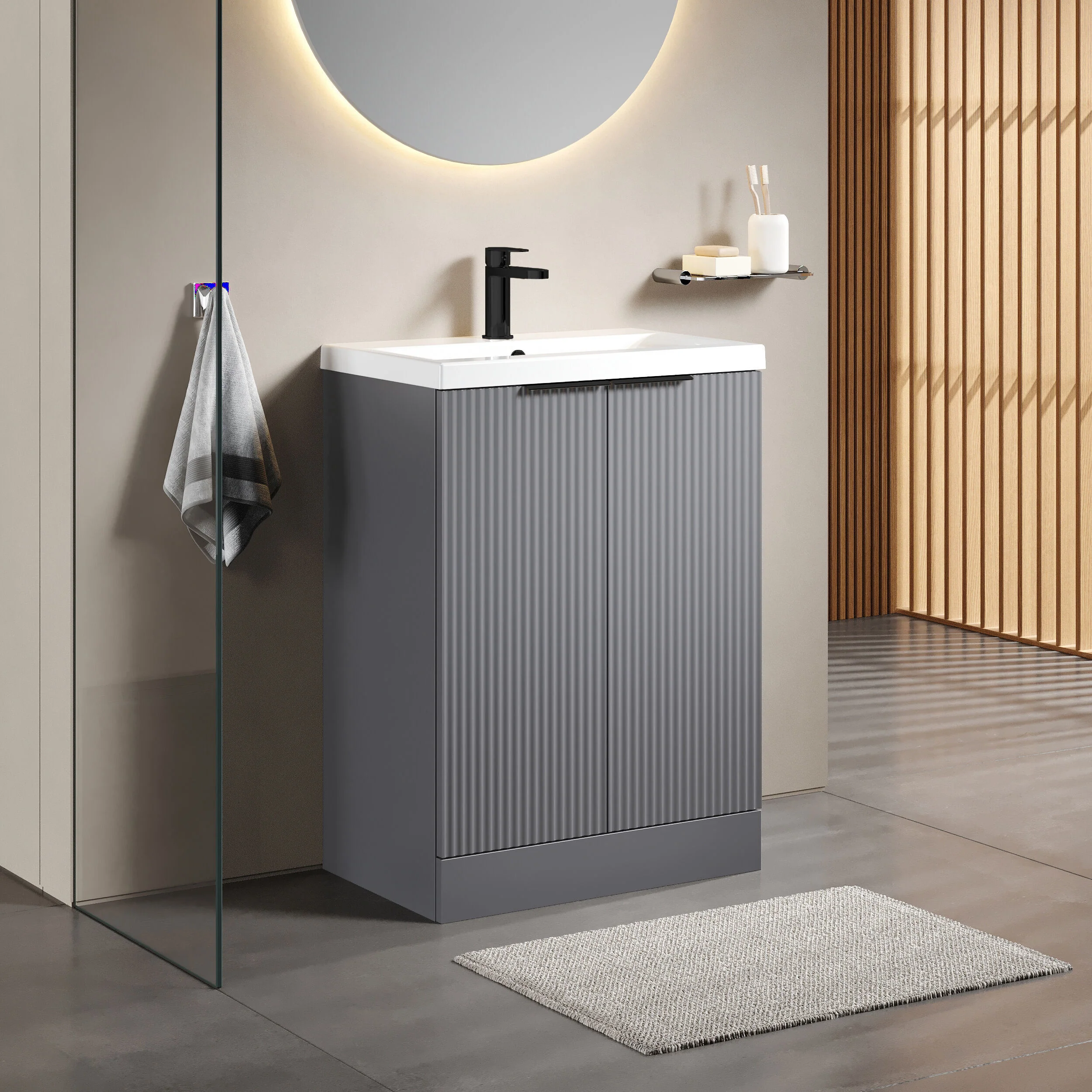 Tixall Fluted Front Floor Standing Vanity Basin Unit with Choice of Size, Colour and Handle Options - Image 92