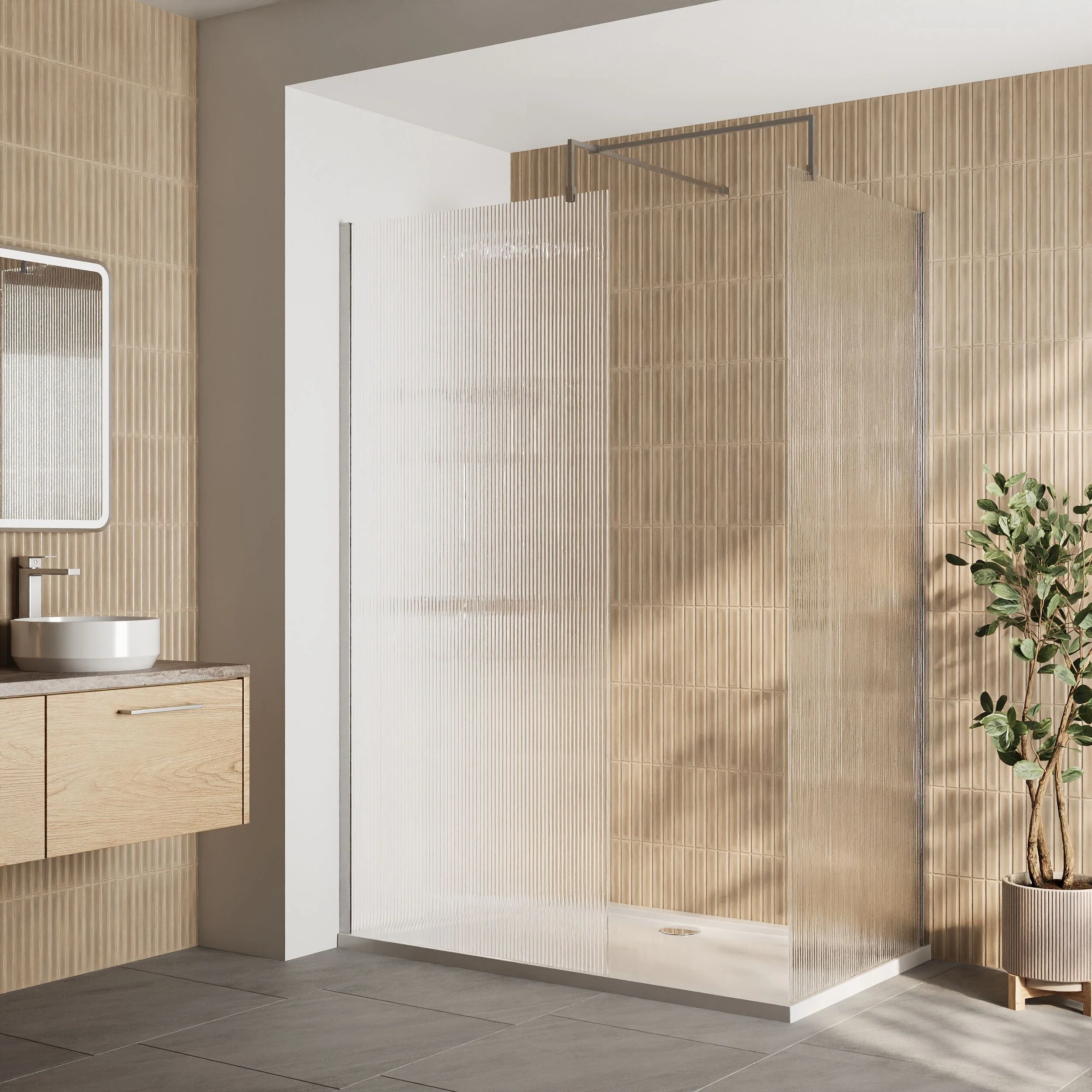Contemporary Fluted Glass Walk In Wetroom Screens and Shower Tray - Choice of Finish - Image 15