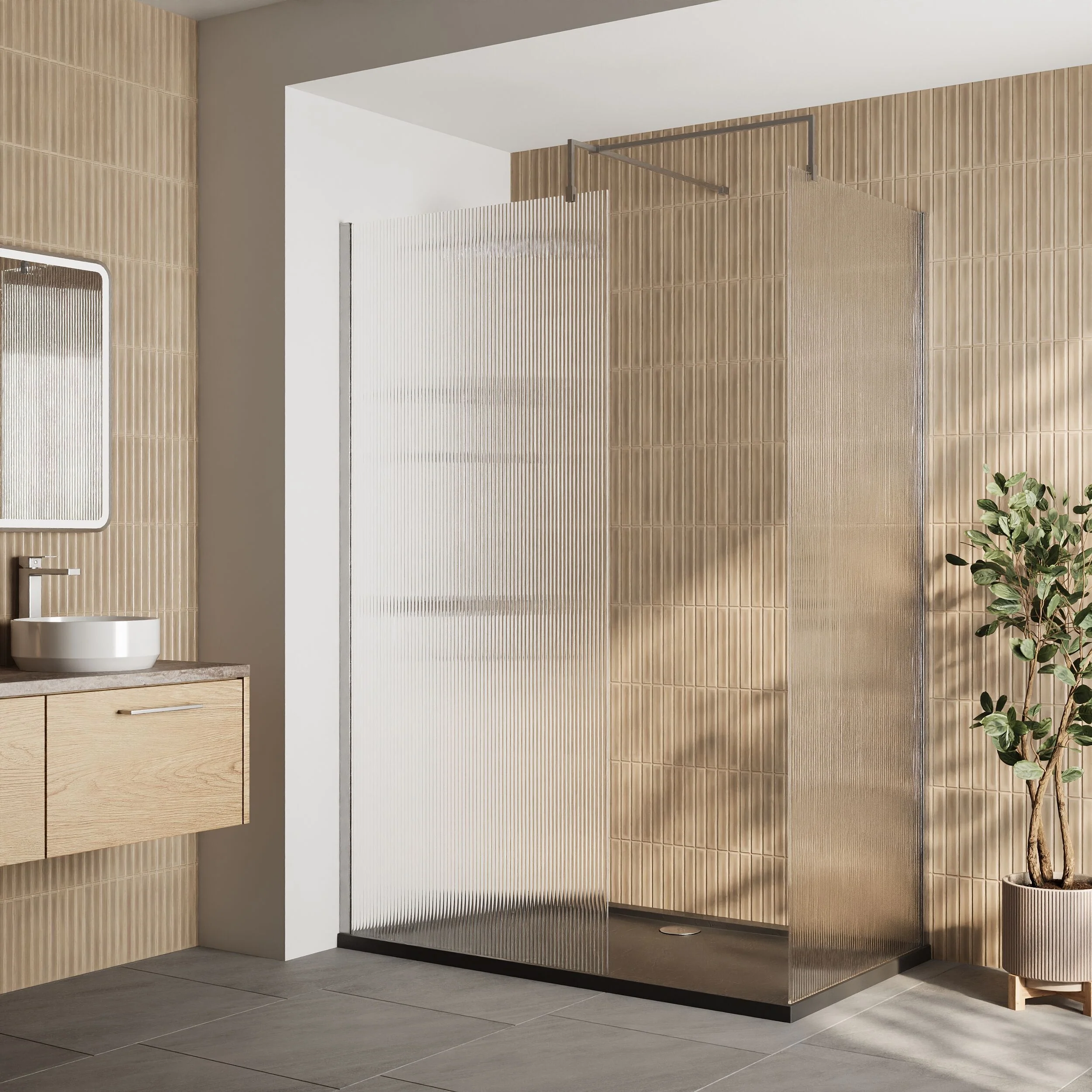 Contemporary Fluted Glass Walk In Wetroom Screens and Shower Tray - Choice of Finish - Image 16