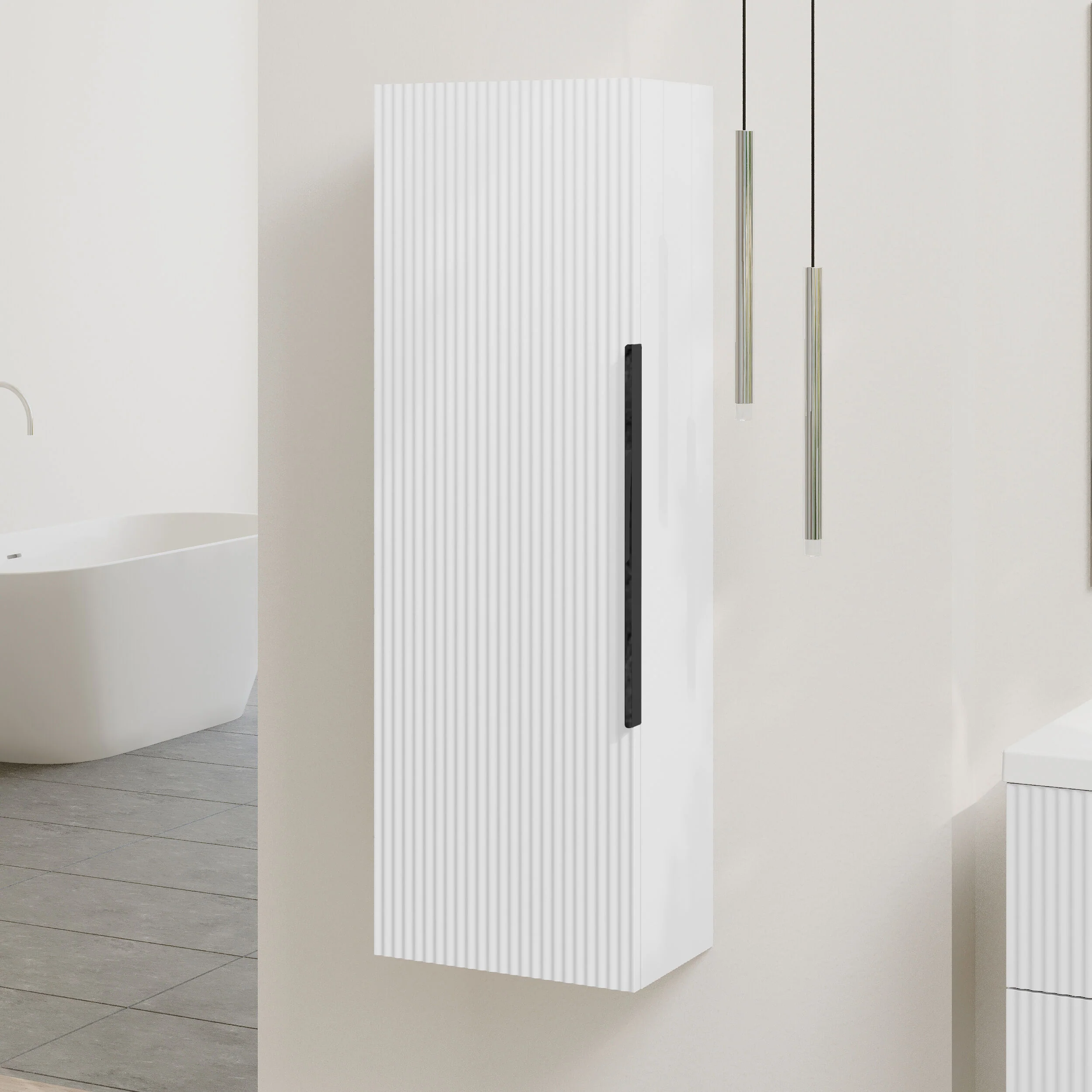 Tixall Fluted Wall Hung Tall Bathroom Storage Unit, 400mm, Multiple Colours and Handle Options - Image 35
