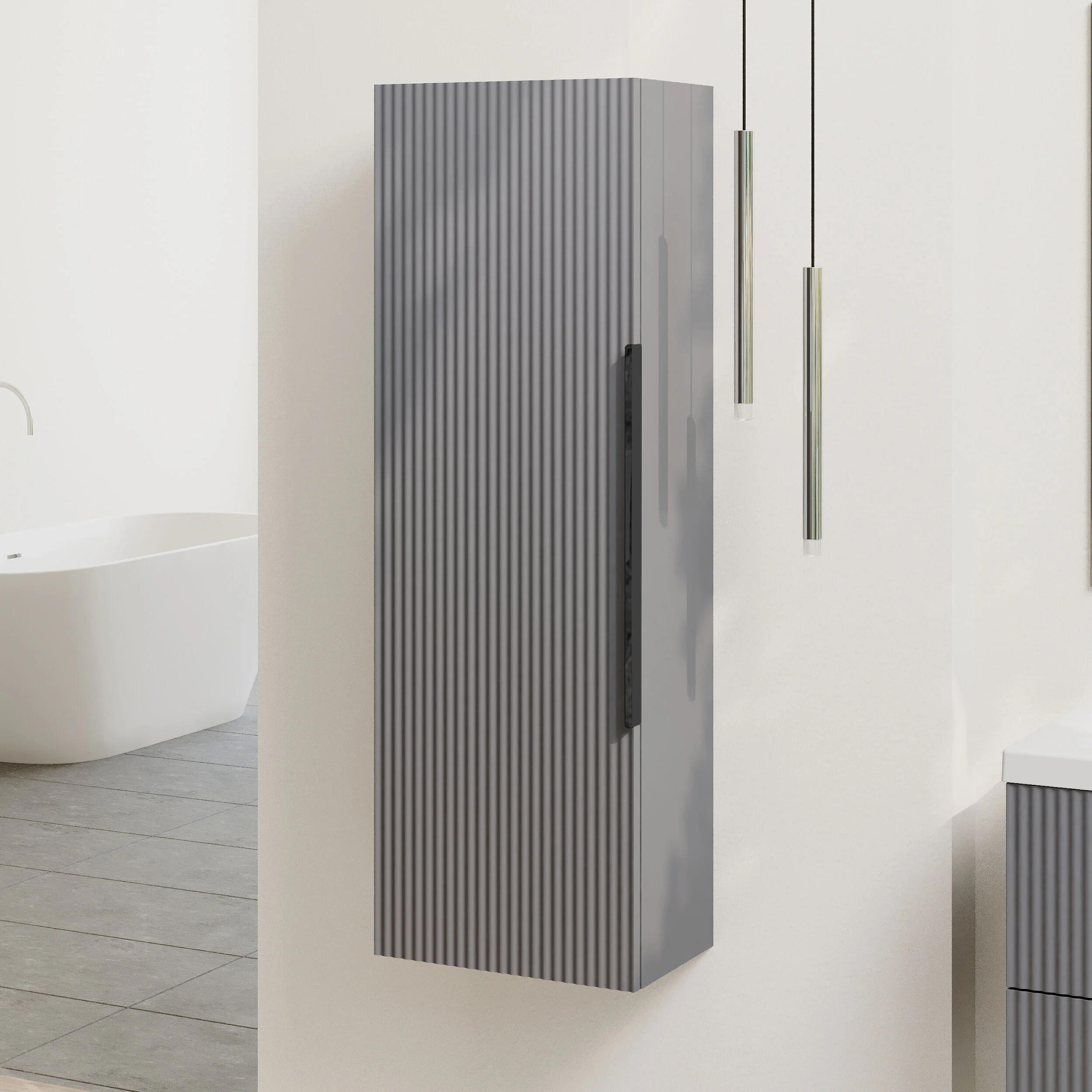 Tixall Fluted Wall Hung Tall Bathroom Storage Unit, 400mm, Multiple Colours and Handle Options - Image 38