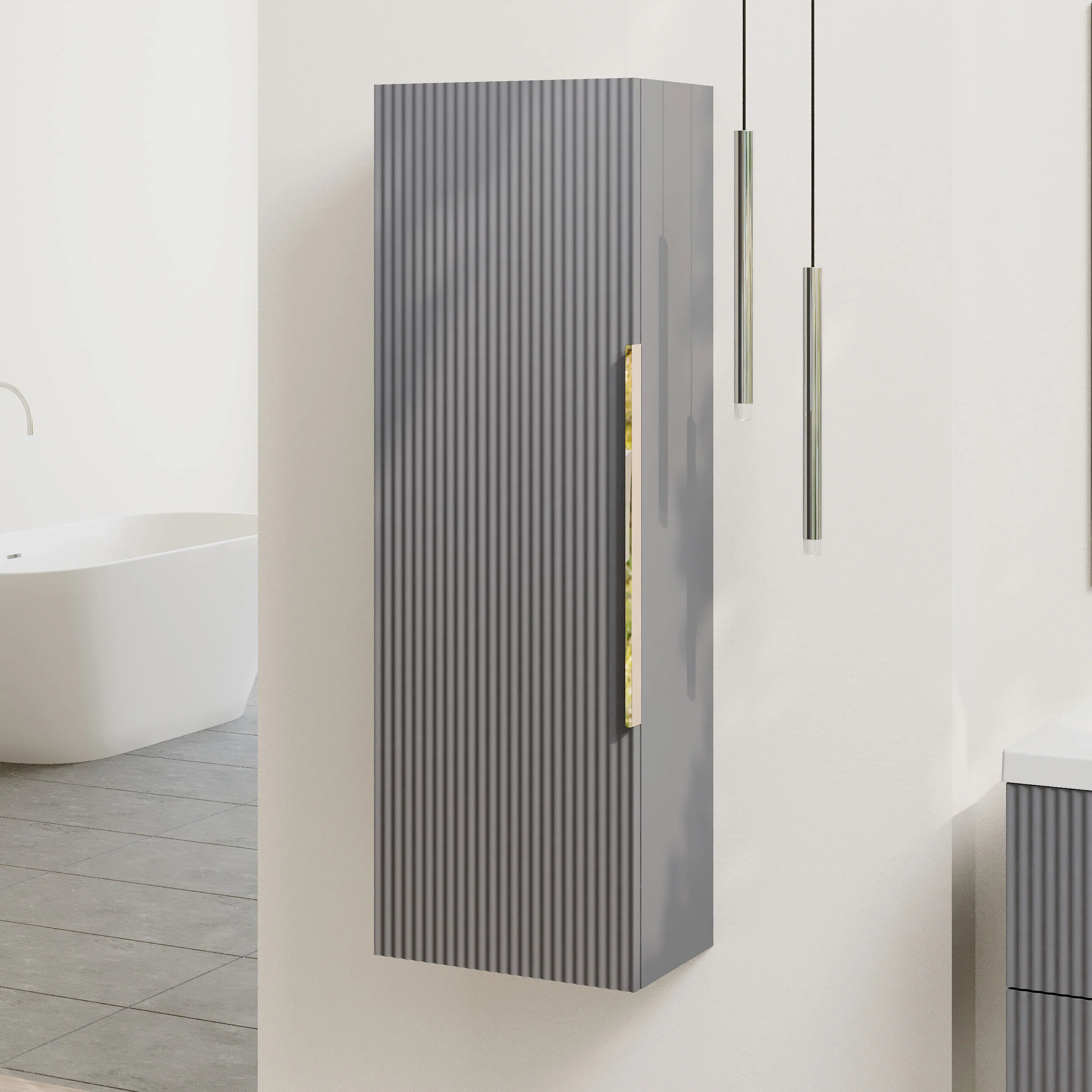 Tixall Fluted Wall Hung Tall Bathroom Storage Unit, 400mm, Multiple Colours and Handle Options - Image 39
