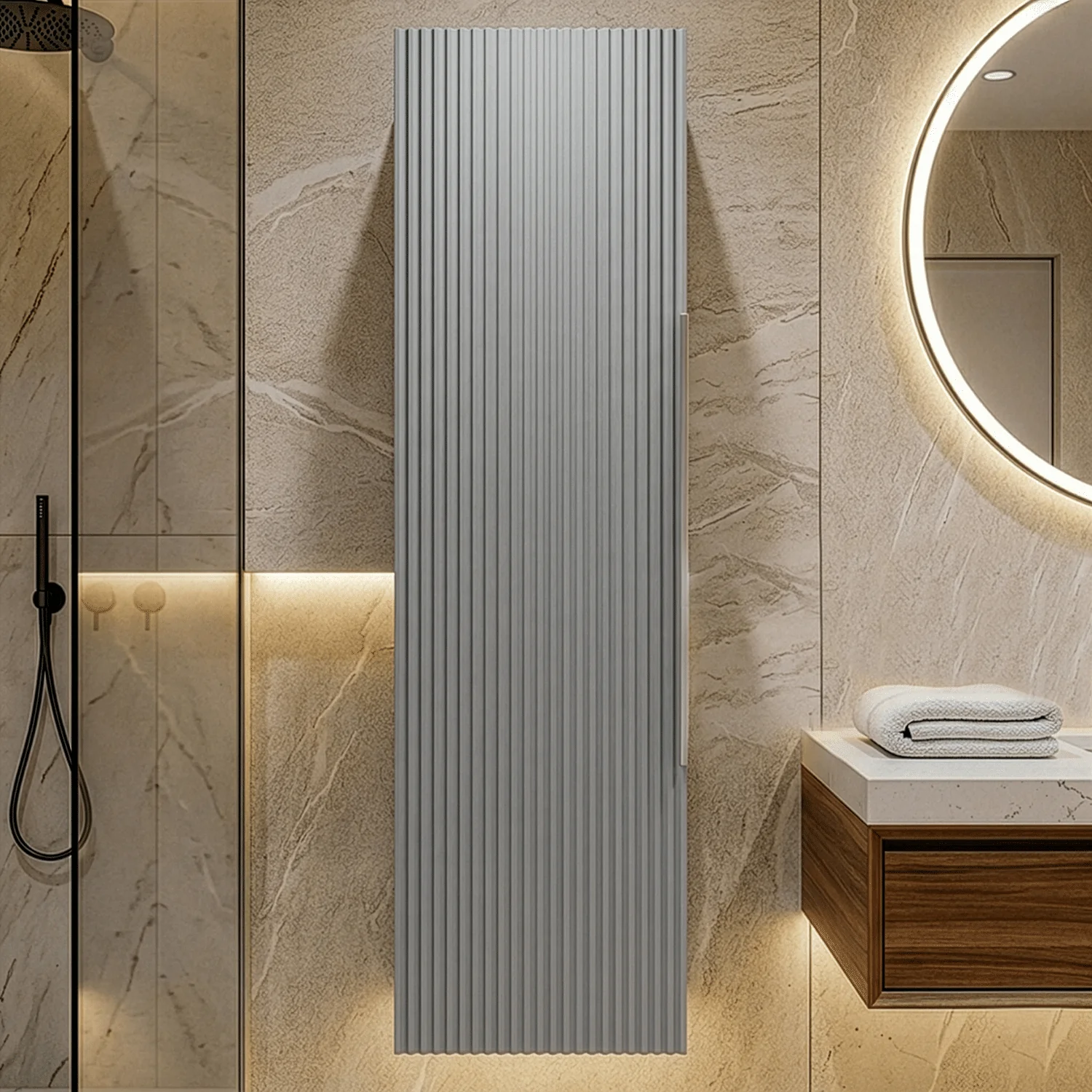 Tixall Fluted Wall Hung Tall Bathroom Storage Unit, 400mm, Multiple Colours and Handle Options - Image 7