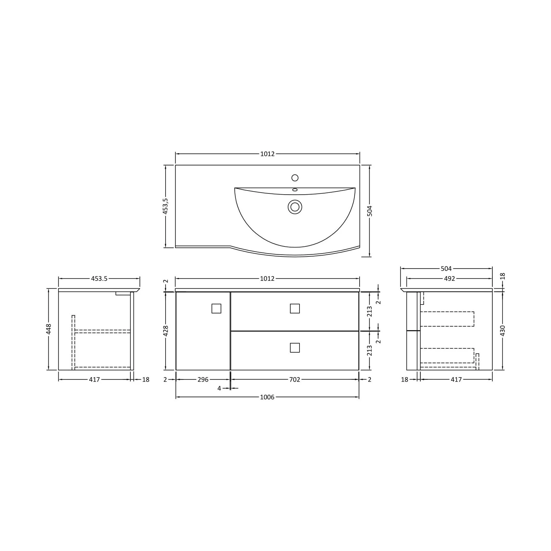 Gentleshaw Contemporary 1 Door 2 Drawer Right-Hand Wall Hung Vanity Unit with Curved Basin, Dove Grey, 1000mm - Image 2