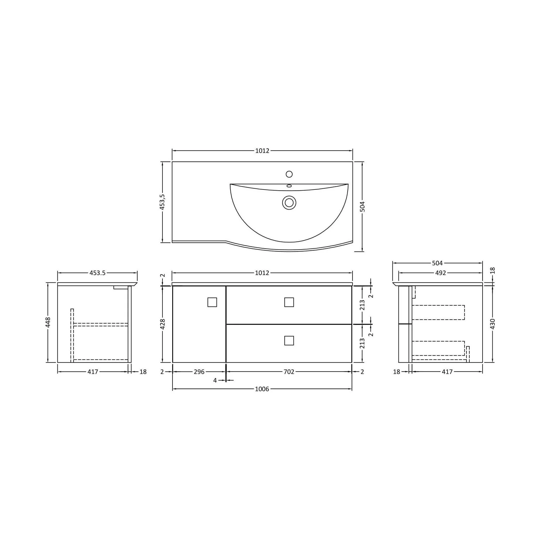 Gentleshaw Contemporary 1 Door 2 Drawer Right-Hand Wall Hung Vanity Unit with Curved Basin, Hunter Green, 1000mm - Image 2