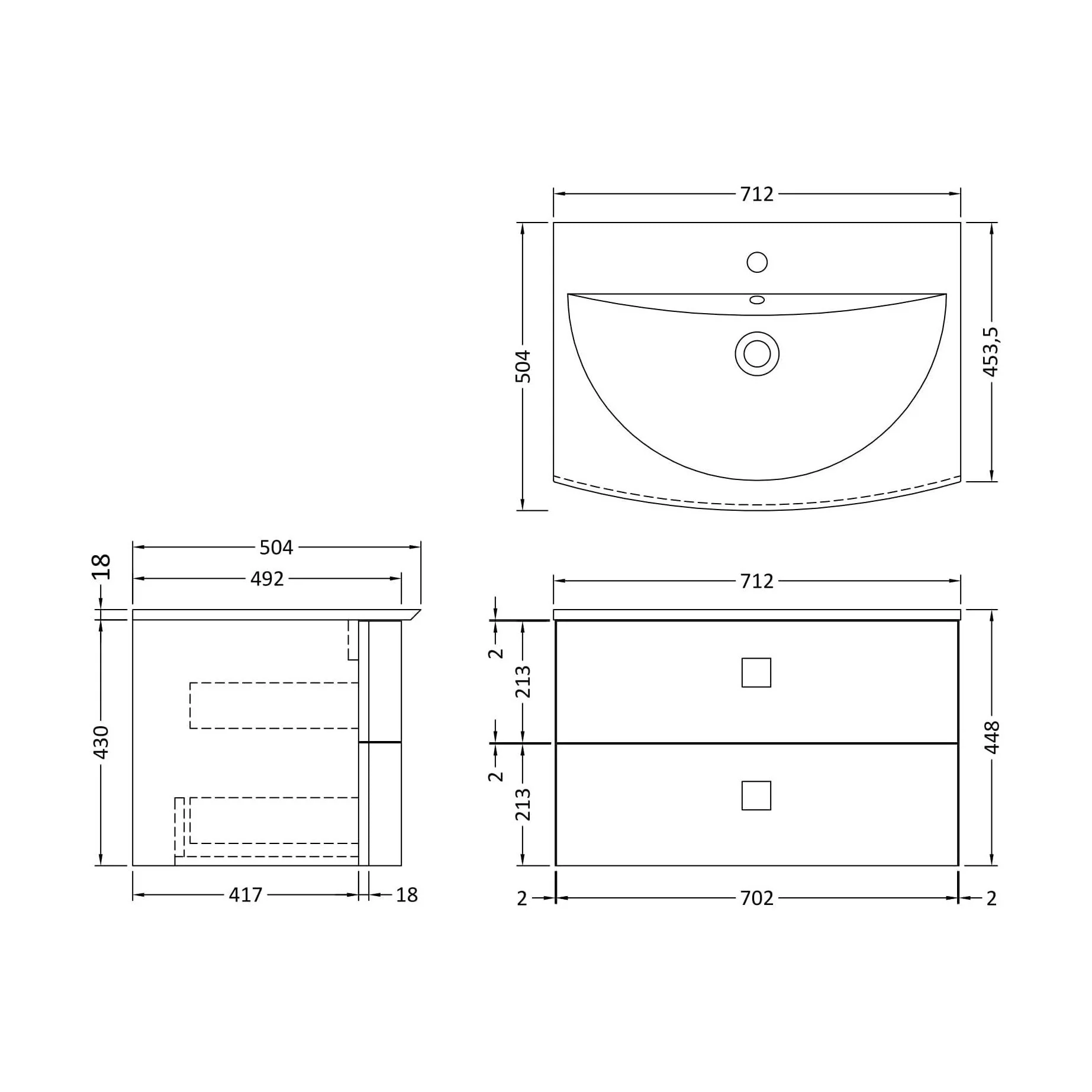 Gentleshaw Contemporary 2 Drawer Wall Hung Vanity Unit with Curved Basin, Dove Grey, 700mm - Image 2