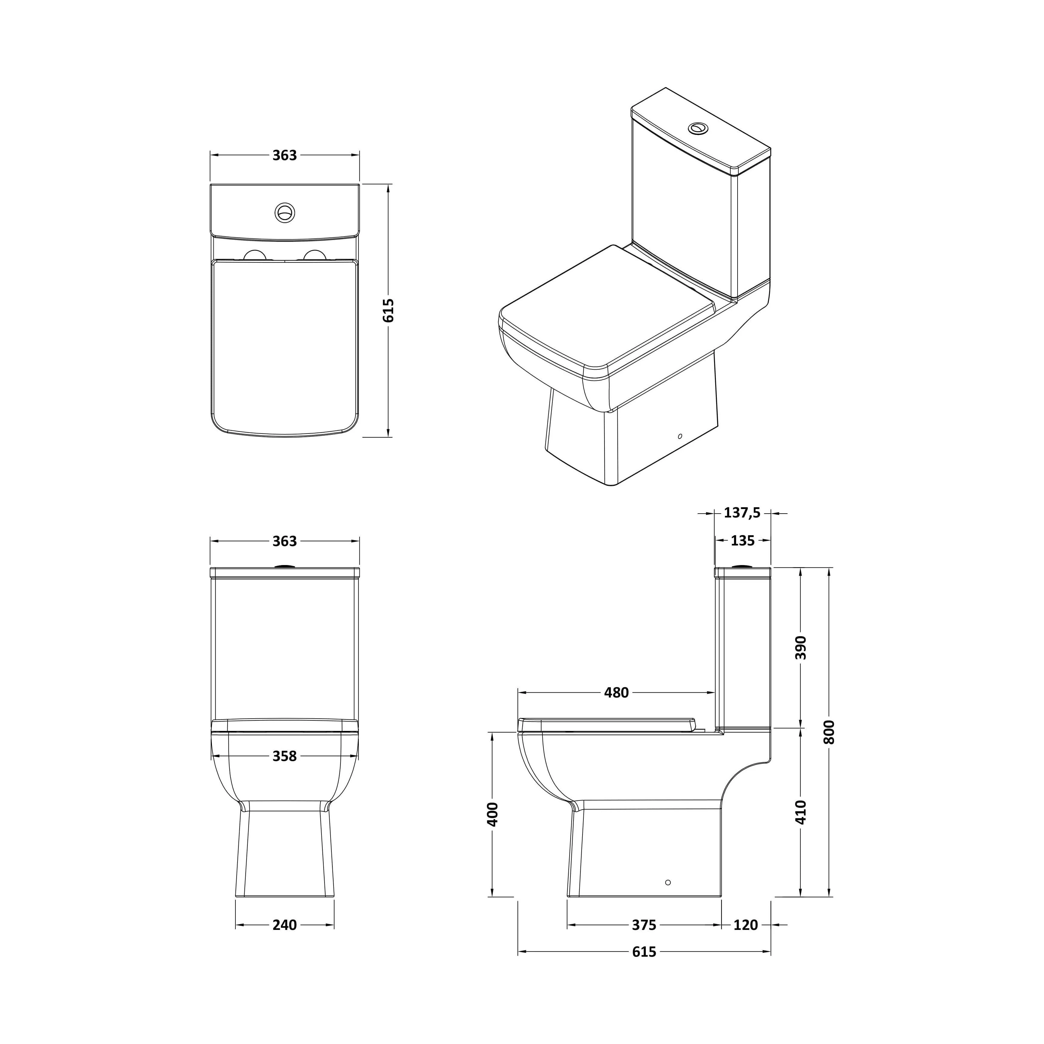 Grindon Contemporary Square Compact Rimless Toilet Pan and Cistern - 800 x 363 x 615mm - Image 2