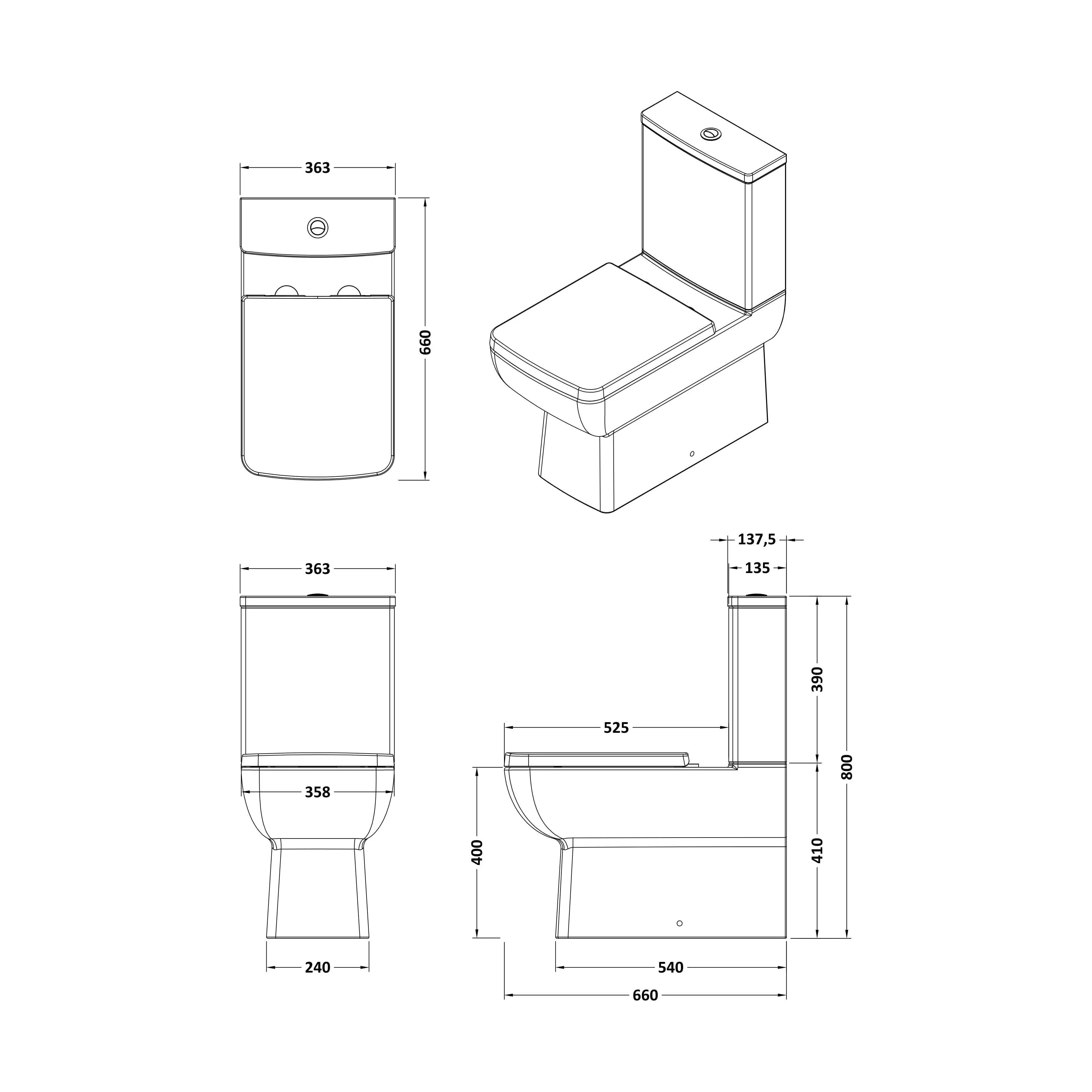 Grindon Contemporary Square Rimless Toilet Pan and Cistern - 800 x 363 x 660mm - Image 2