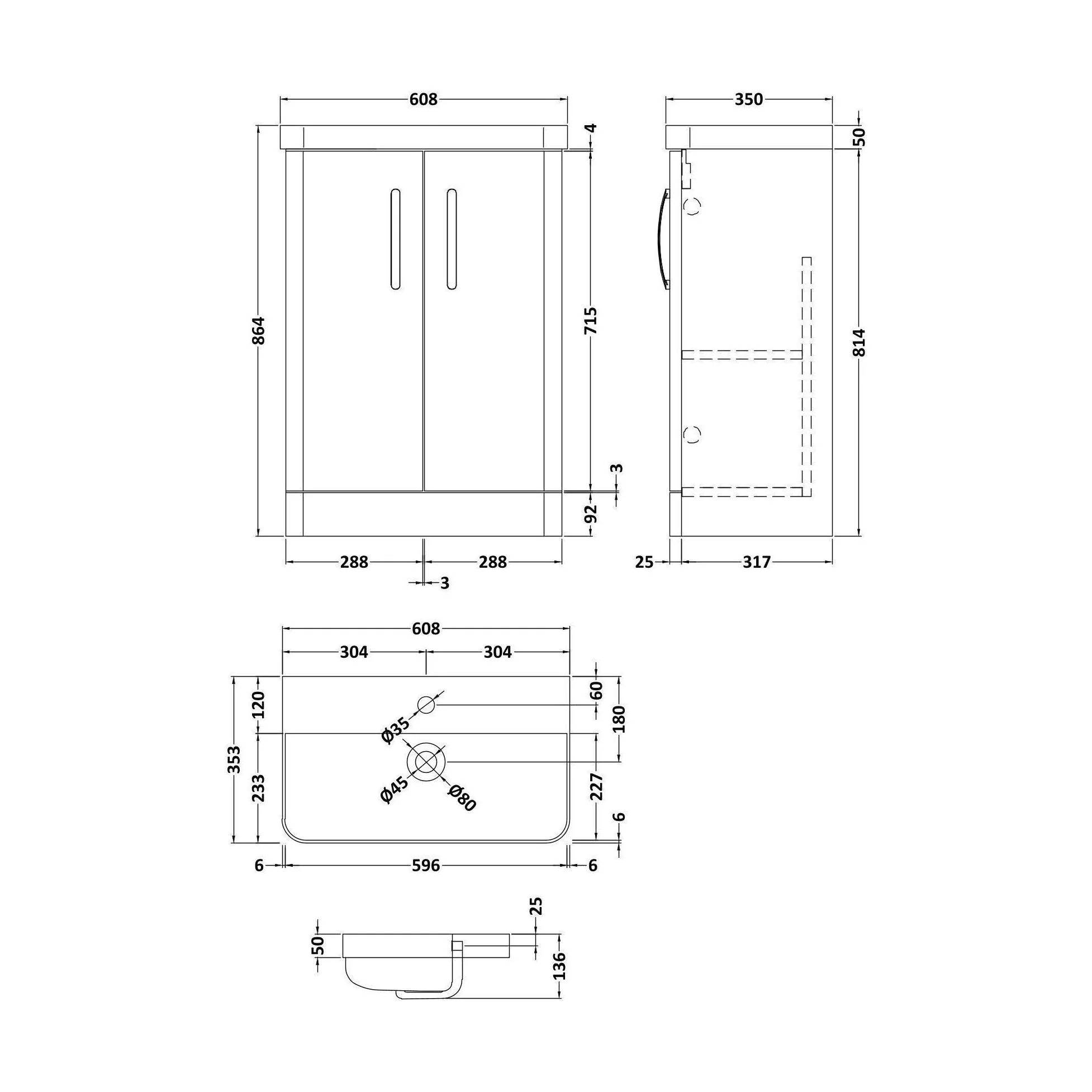 Handsacre Contemporary 2 Door Floor Standing Vanity Unit with Basin, Gloss Grey, 600mm - Image 2