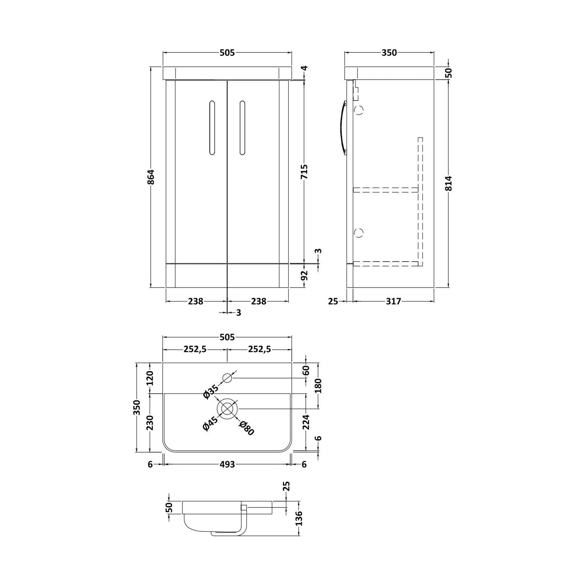 Handsacre Contemporary 2 Door Floor Standing Vanity Unit with Basin, Gloss White, 500mm - Image 2