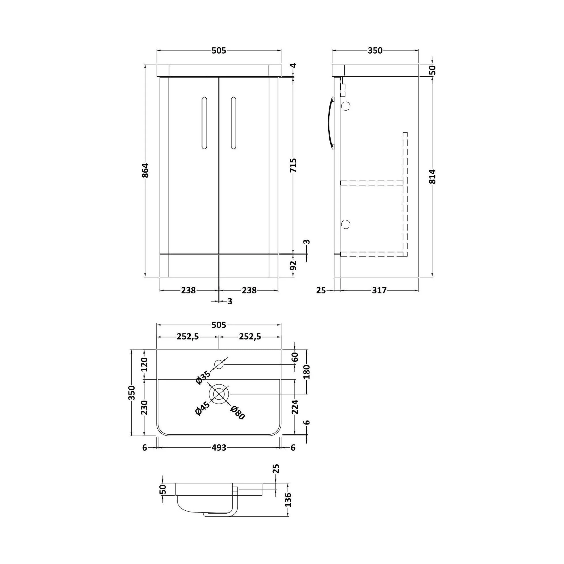 Handsacre Contemporary 2 Door Floor Standing Vanity Unit with Basin, Satin Blue, 500mm - Image 2