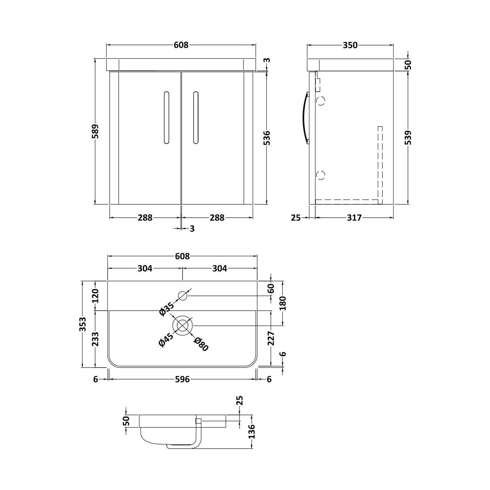Handsacre Contemporary 2 Door Wall Hung Vanity Unit with Basin, Gloss Grey, 600mm - Image 2