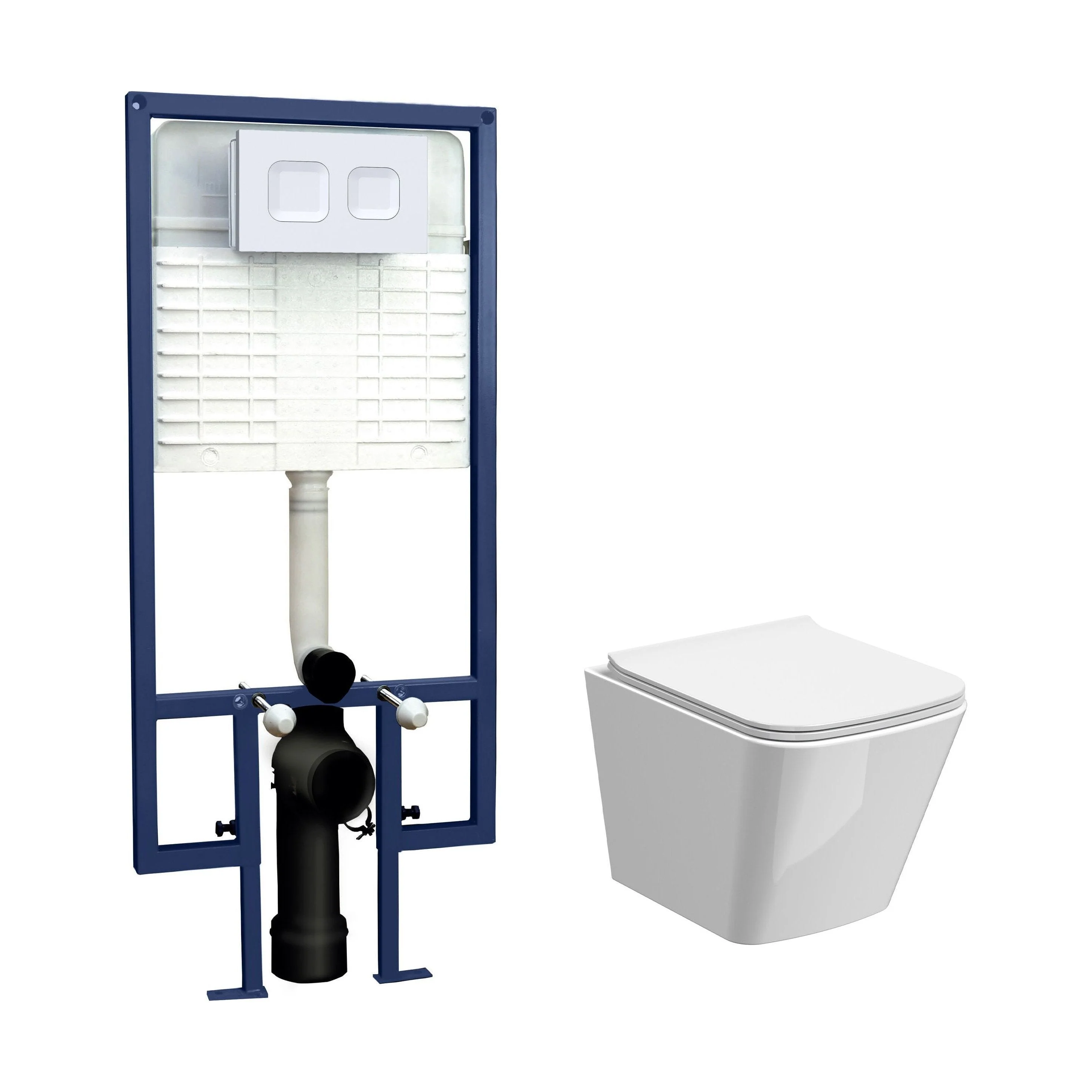 Hilderstone Contemporary Square Wall Hung Toilet Pan and Seat with Concealed Cistern and Flush Plate with Square Buttons - White
