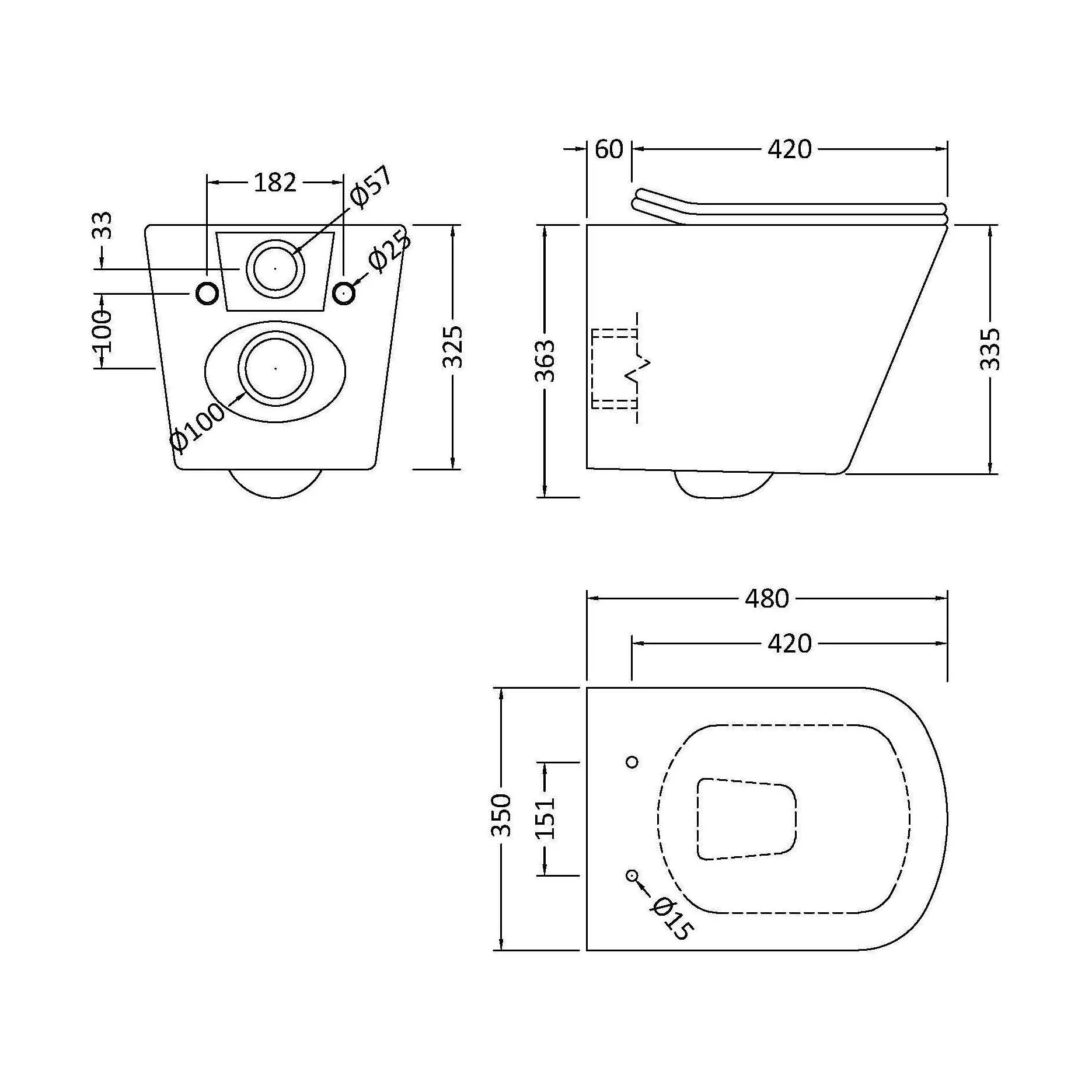Hilderstone Contemporary Square Wall Hung Toilet Pan and Seat with Concealed Cistern and Flush Plate with Square Buttons - White - Image 2
