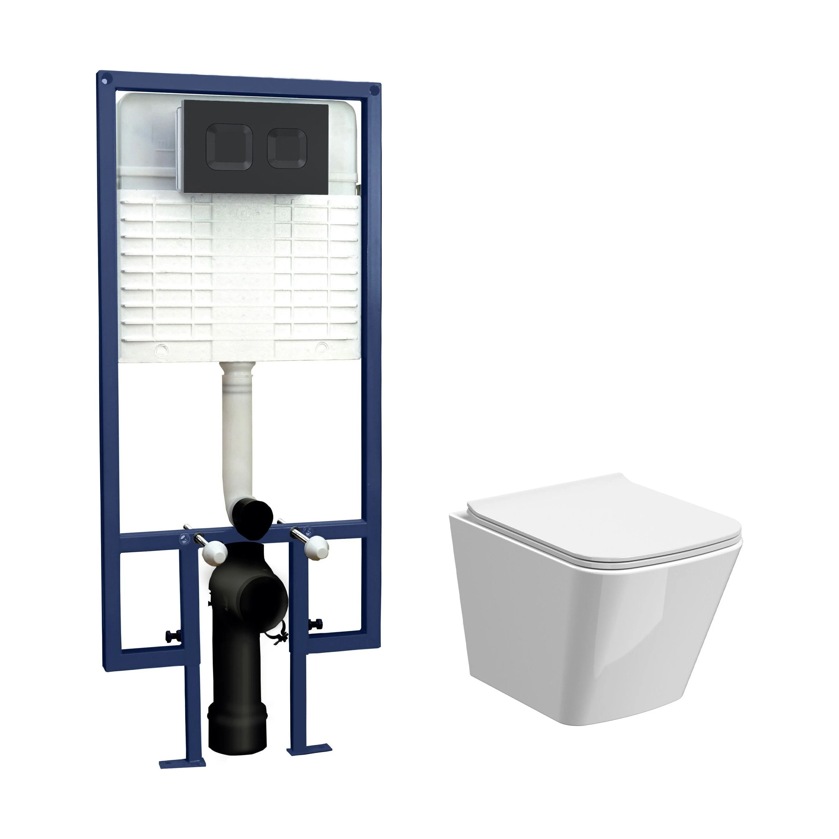 Hilderstone Contemporary Square Wall Hung Toilet Pan and Seat with Concealed Cistern and Flush Plate with Square Buttons - White/Black