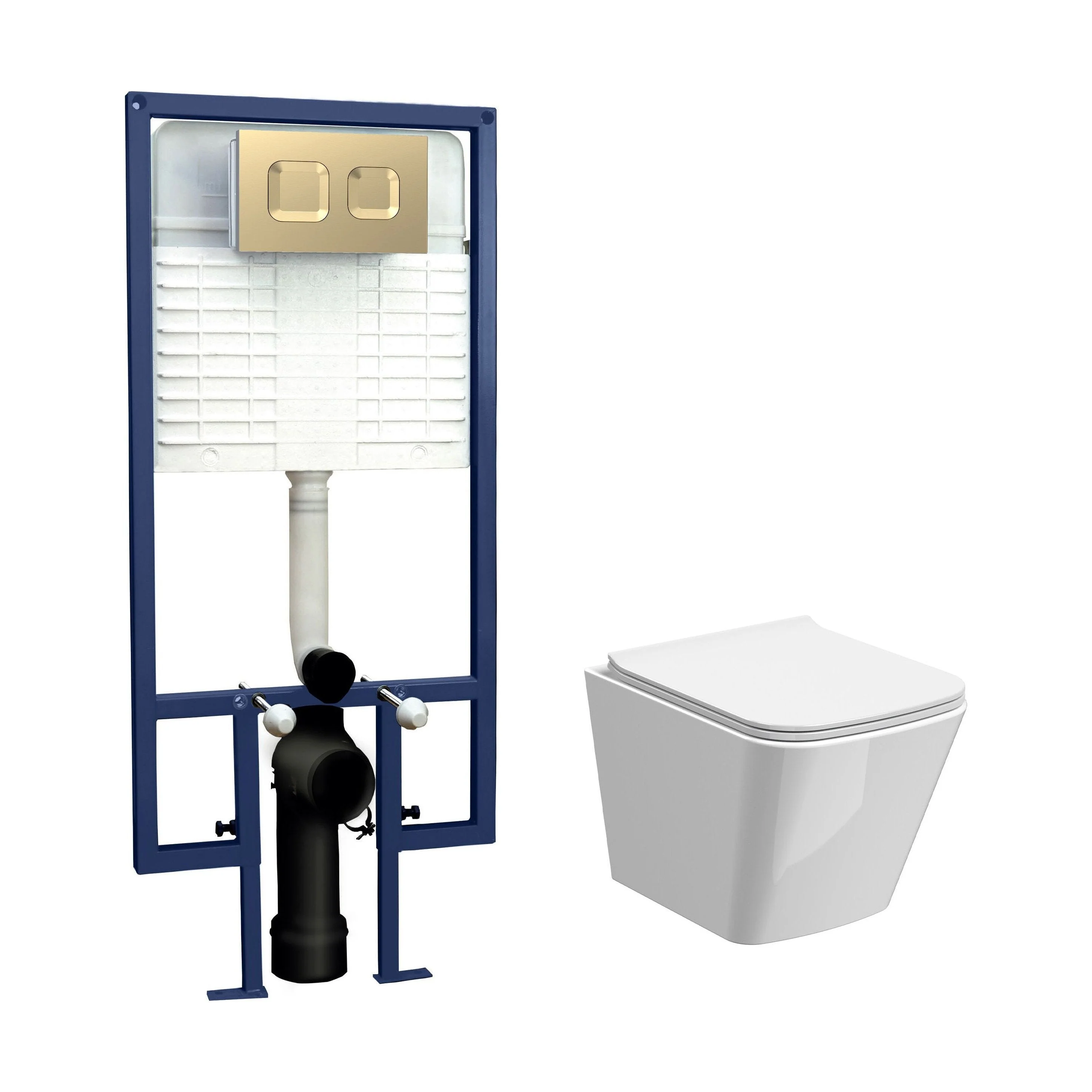 Hilderstone Contemporary Square Wall Hung Toilet Pan and Seat with Concealed Cistern and Flush Plate with Square Buttons - White/Brushed Brass