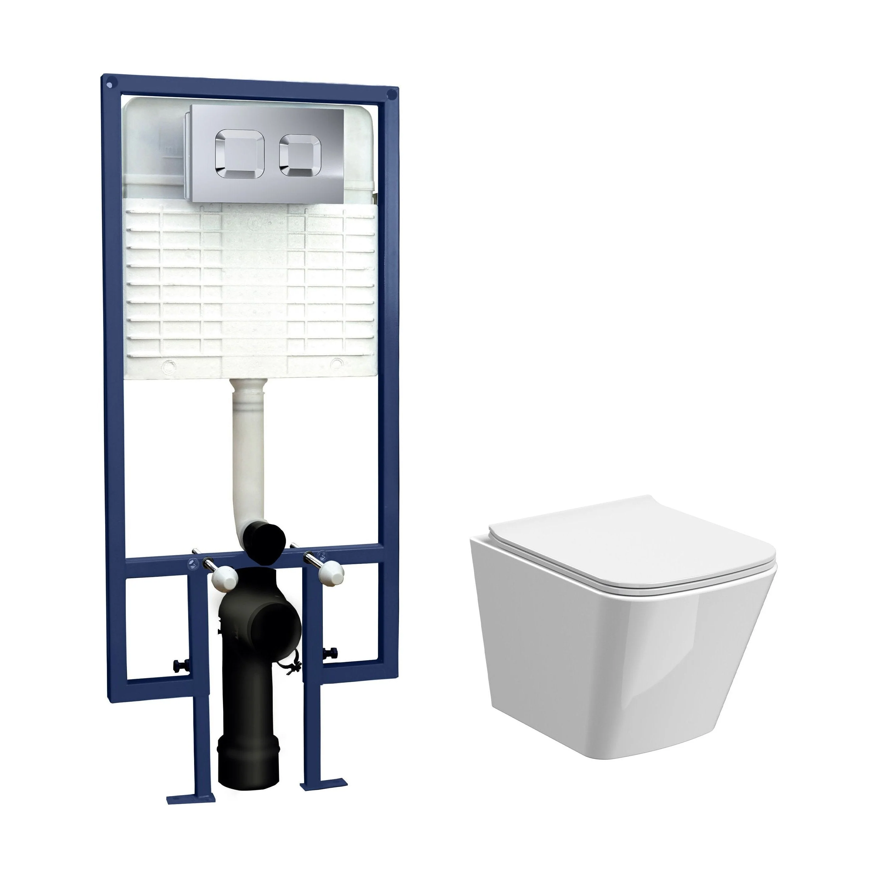 Hilderstone Contemporary Square Wall Hung Toilet Pan and Seat with Concealed Cistern and Flush Plate with Square Buttons - White/Chrome