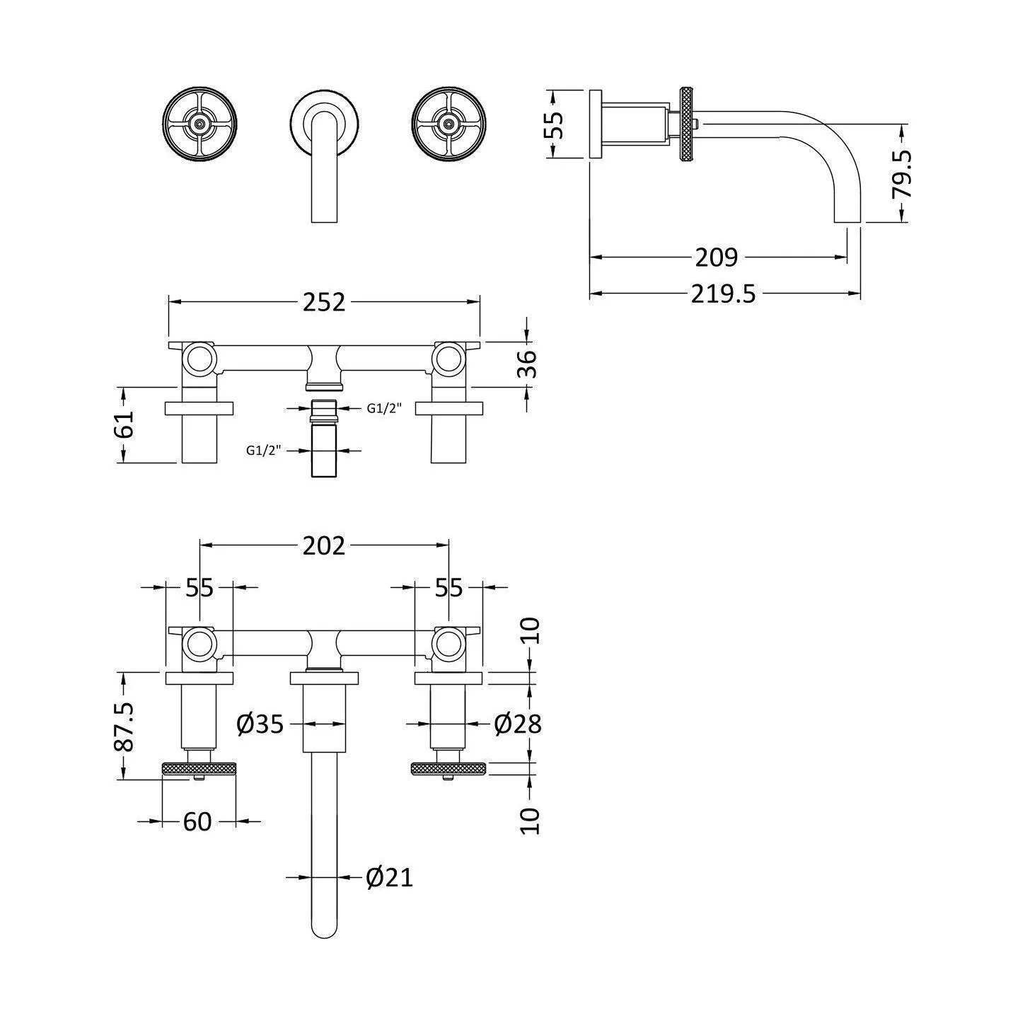 Industrial 3TH Wall Mounted Basin Mixer - Image 2