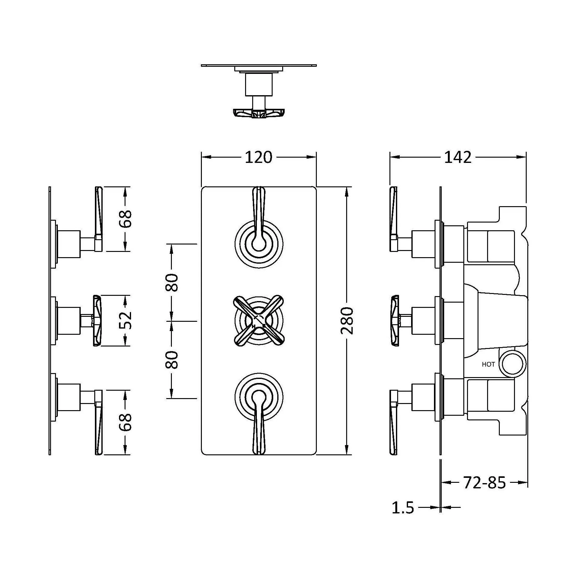 Levedale Triple Concealed Crosshead Thermostatic Shower Valve with Diverter (3 Outlets) - Image 4