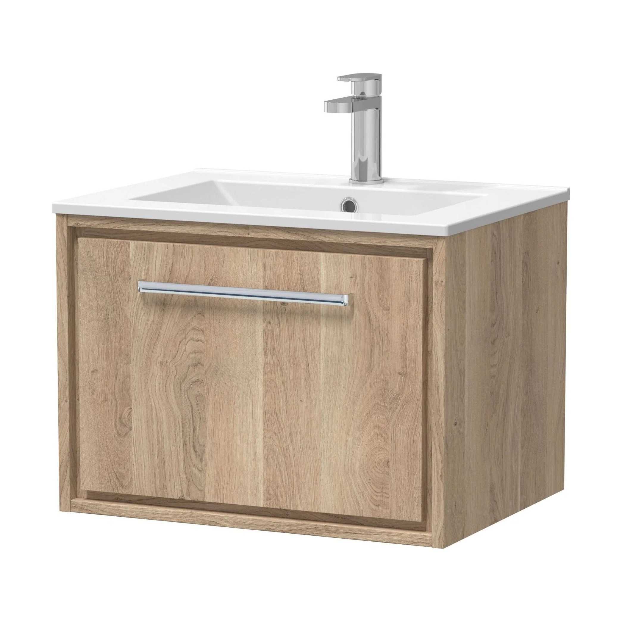 Longnor 1 Drawer Wall Hung Vanity Unit with 1 Tap Hole Minimalist Basin, Light Oak, 600mm