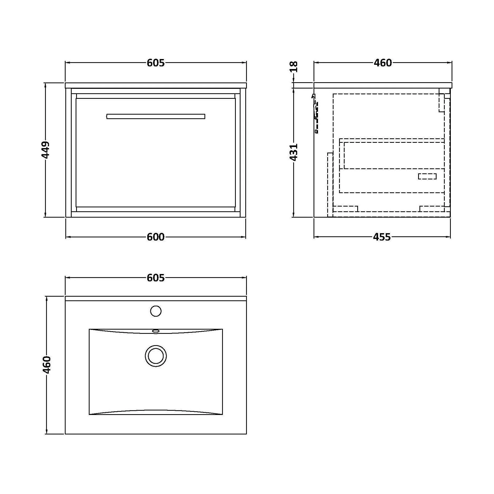 Longnor 1 Drawer Wall Hung Vanity Unit with 1 Tap Hole Minimalist Basin, Light Oak, 600mm - Image 2
