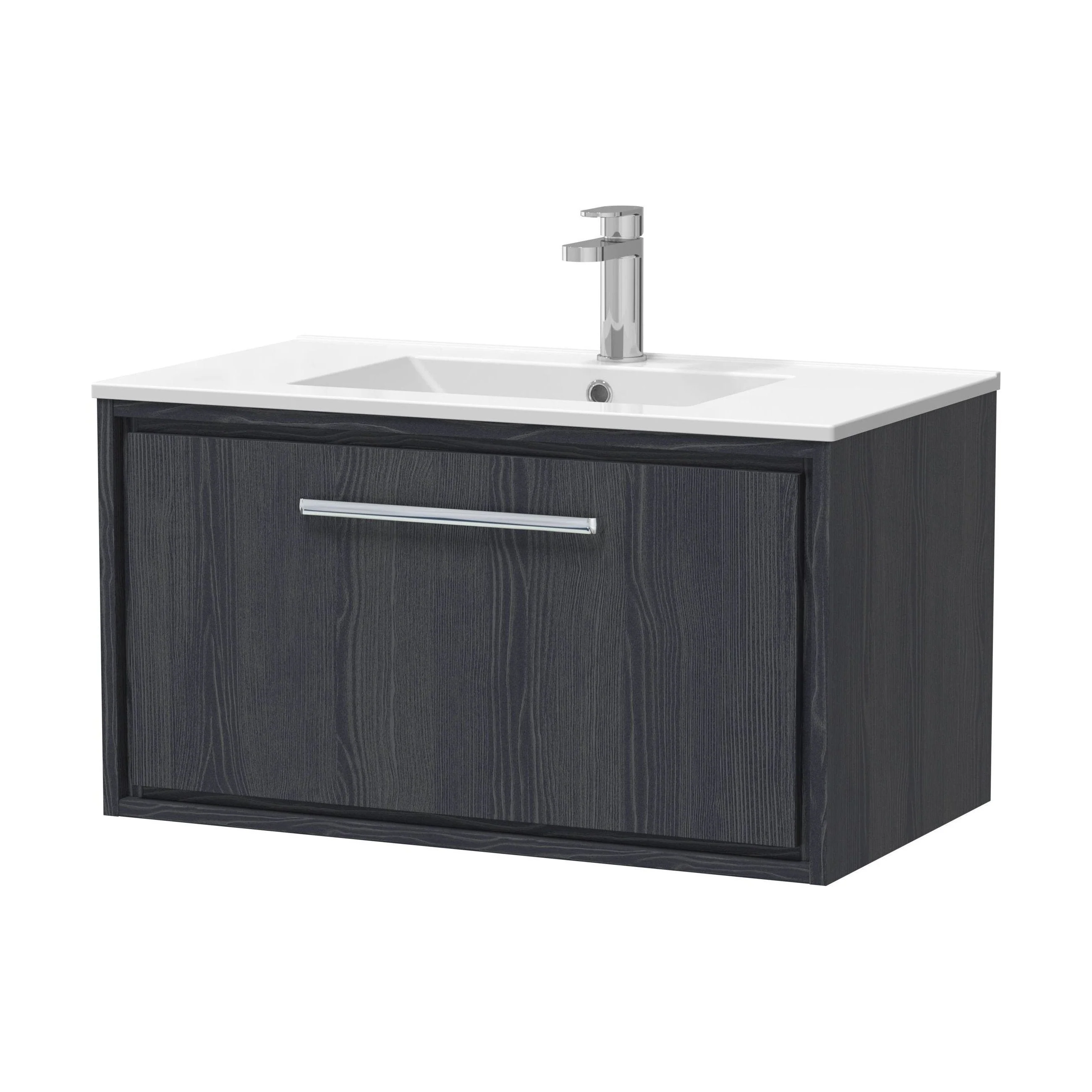 Longnor 1 Drawer Wall Hung Vanity Unit with 1 Tap Hole Minimalist Basin, Woodgrain Graphite Grey, 800mm