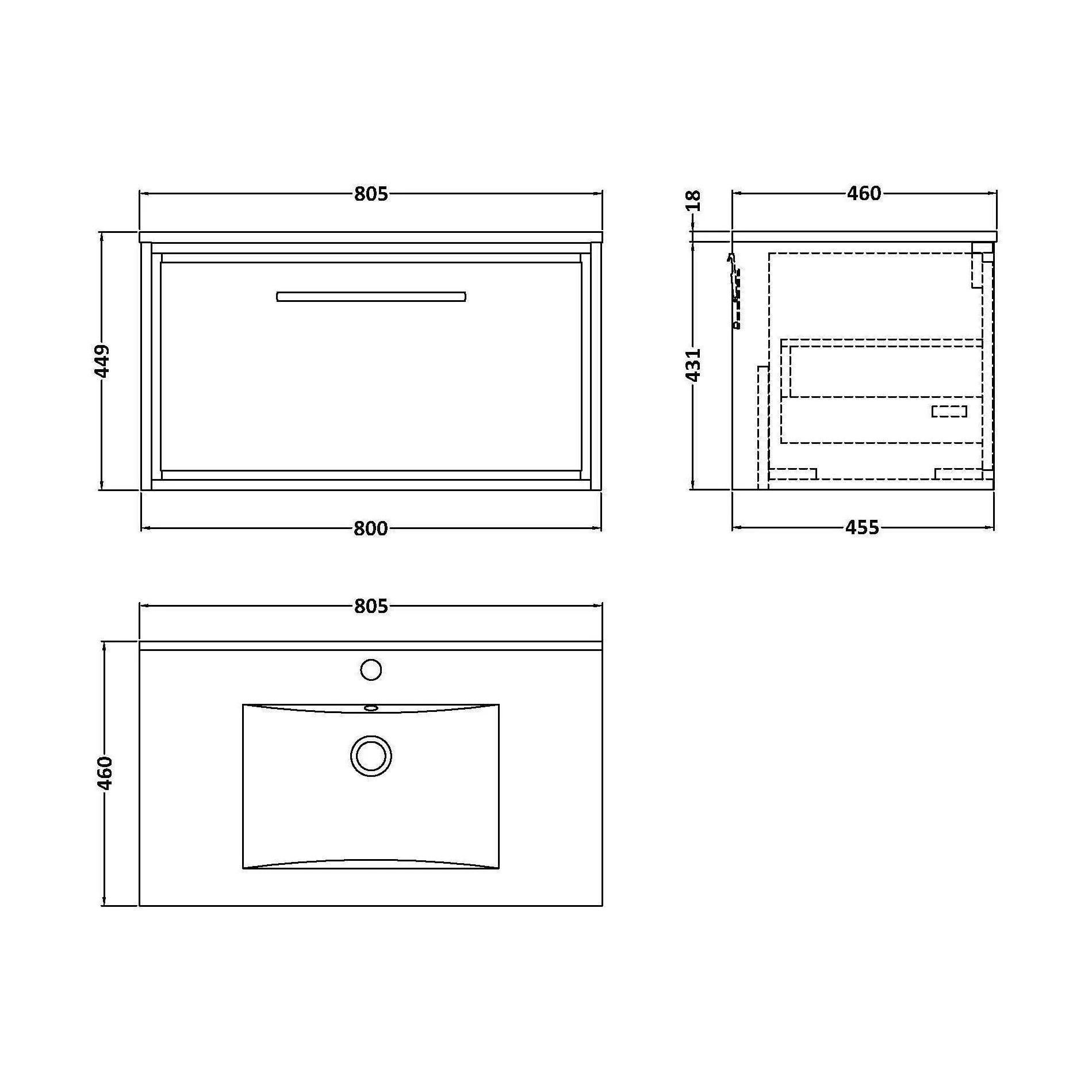 Longnor 1 Drawer Wall Hung Vanity Unit with 1 Tap Hole Minimalist Basin, Woodgrain Graphite Grey, 800mm - Image 2