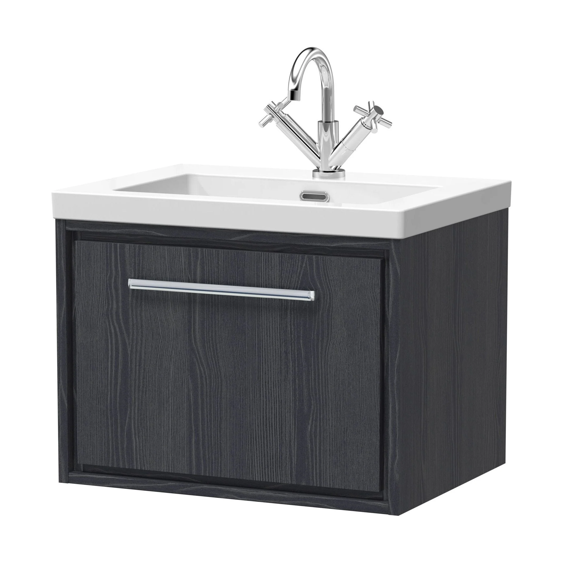 Longnor 1 Drawer Wall Hung Vanity Unit with 1 Tap Hole Modern Fireclay Basin, Woodgrain Graphite Grey, 600mm