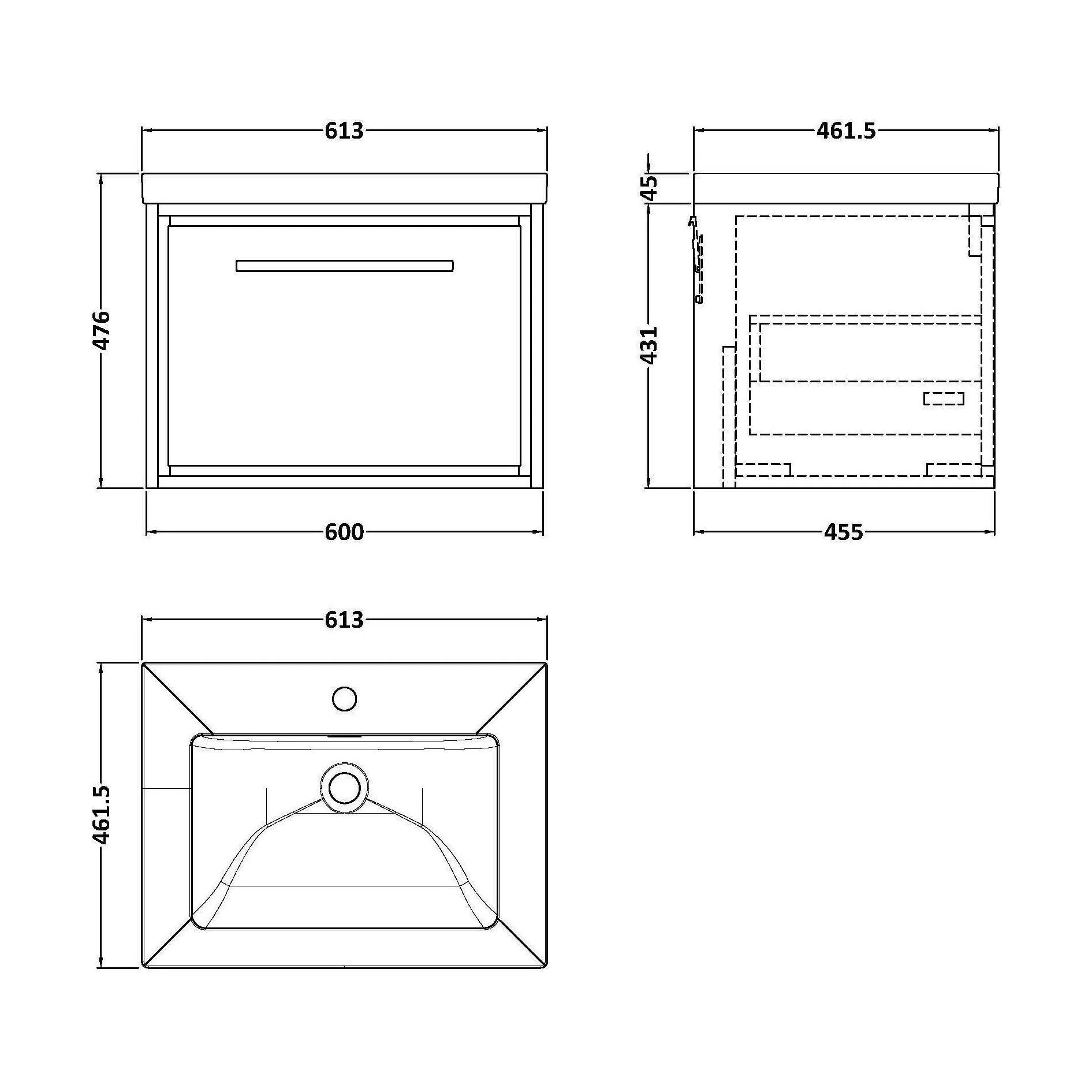 Longnor 1 Drawer Wall Hung Vanity Unit with 1 Tap Hole Modern Fireclay Basin, Woodgrain Graphite Grey, 600mm - Image 2