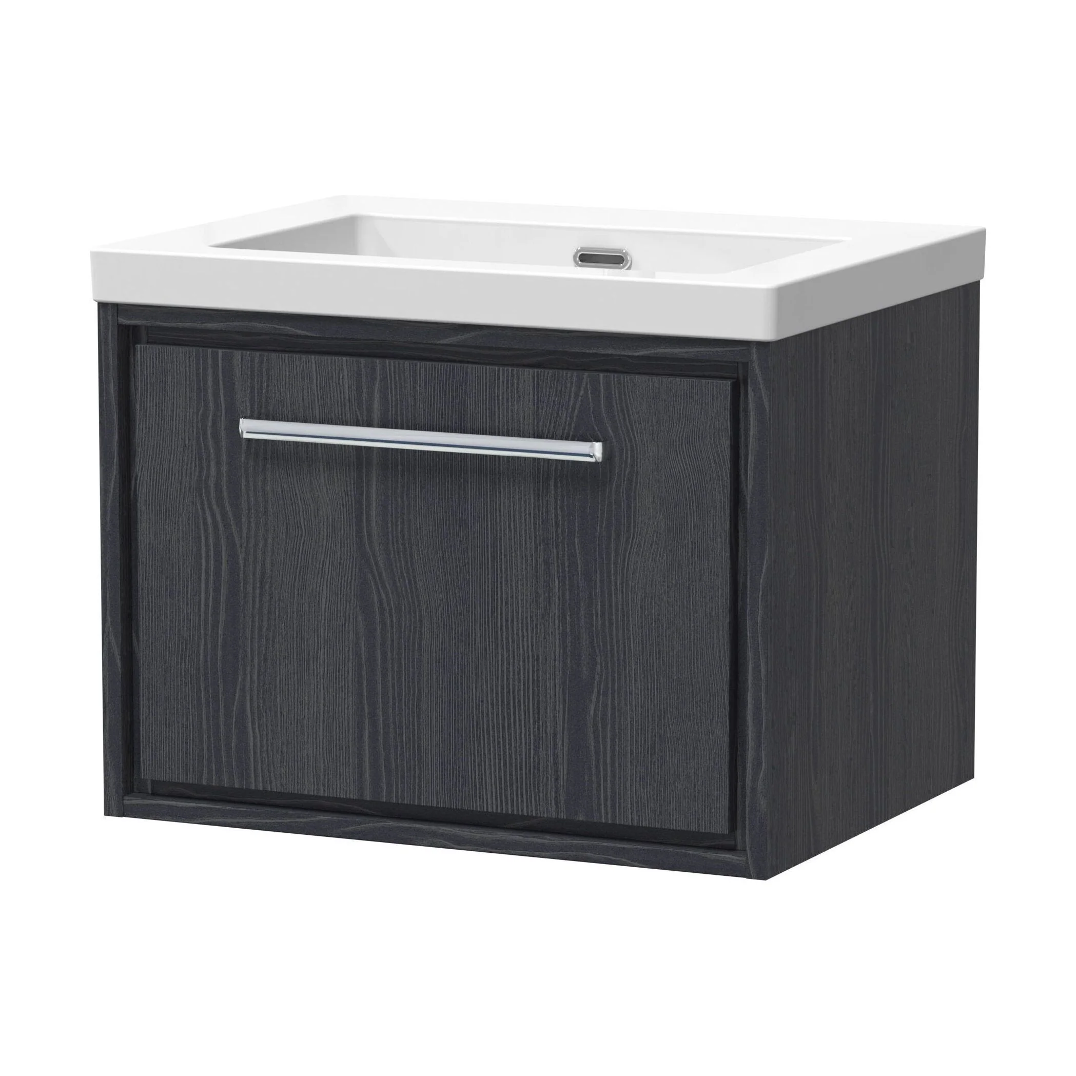 Longnor 1 Drawer Wall Hung Vanity Unit with 1 Tap Hole Modern Fireclay Basin, Woodgrain Graphite Grey, 600mm