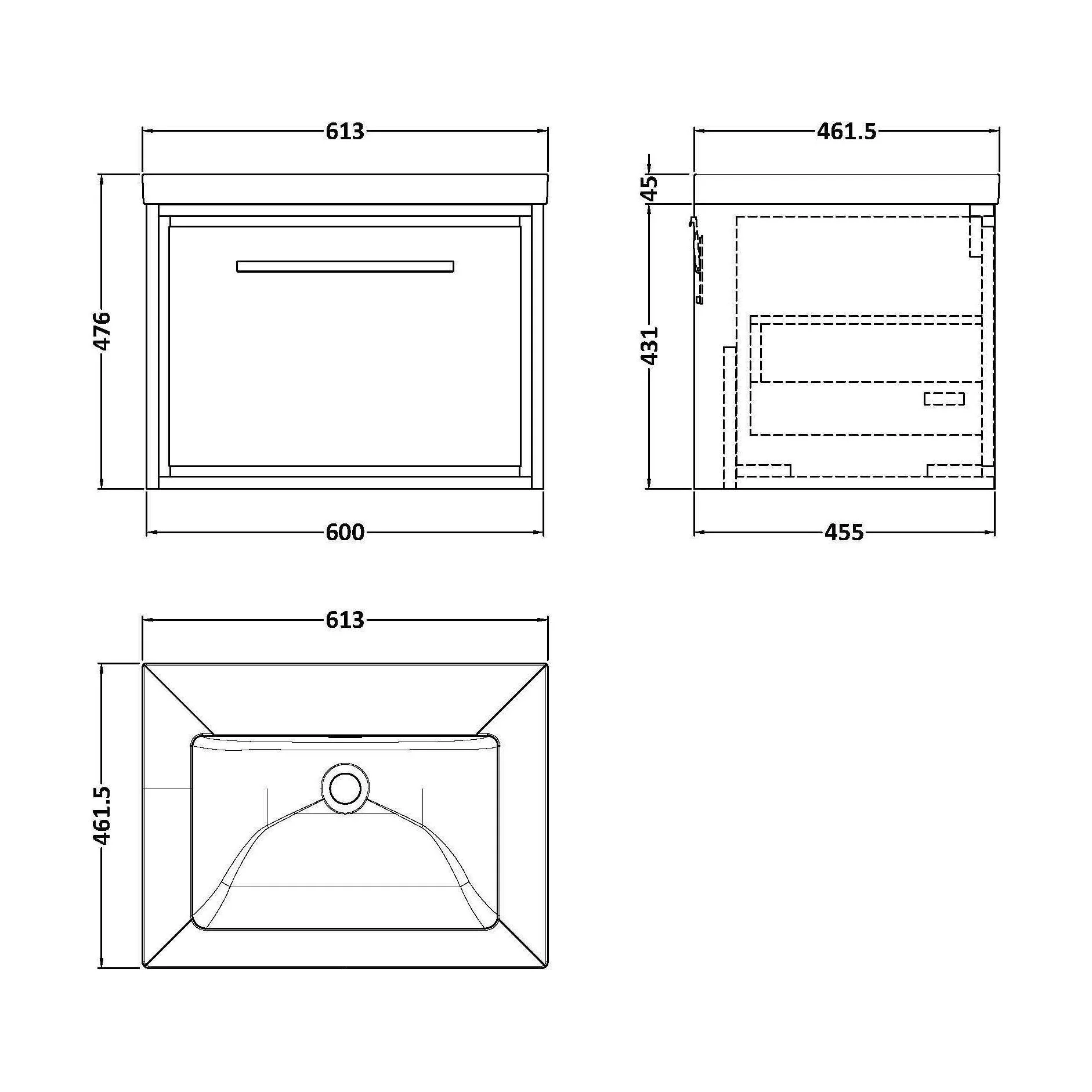 Longnor 1 Drawer Wall Hung Vanity Unit with 1 Tap Hole Modern Fireclay Basin, Woodgrain Graphite Grey, 600mm - Image 2