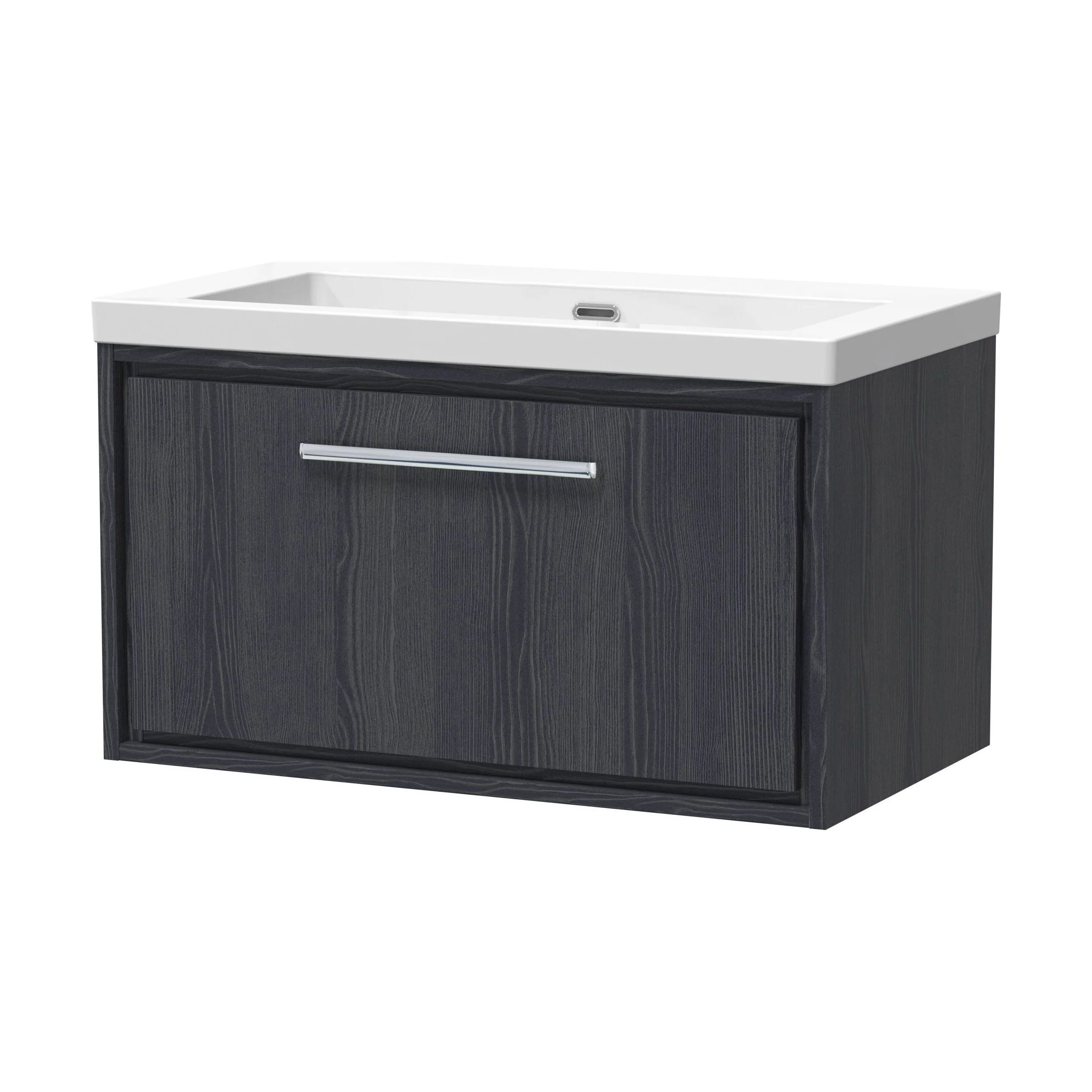 Longnor 1 Drawer Wall Hung Vanity Unit with 1 Tap Hole Modern Fireclay Basin, Woodgrain Graphite Grey, 800mm