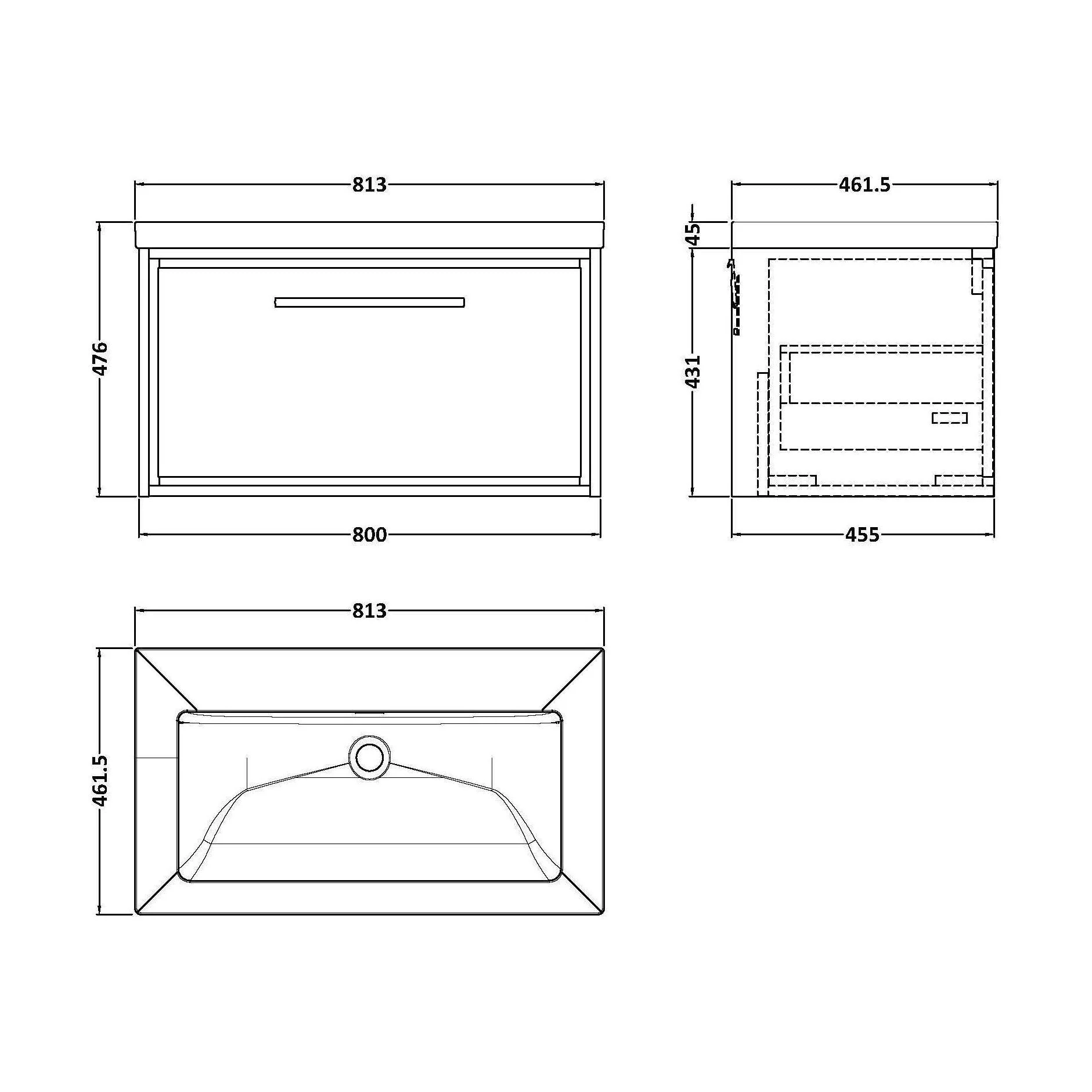 Longnor 1 Drawer Wall Hung Vanity Unit with 1 Tap Hole Modern Fireclay Basin, Woodgrain Graphite Grey, 800mm - Image 2