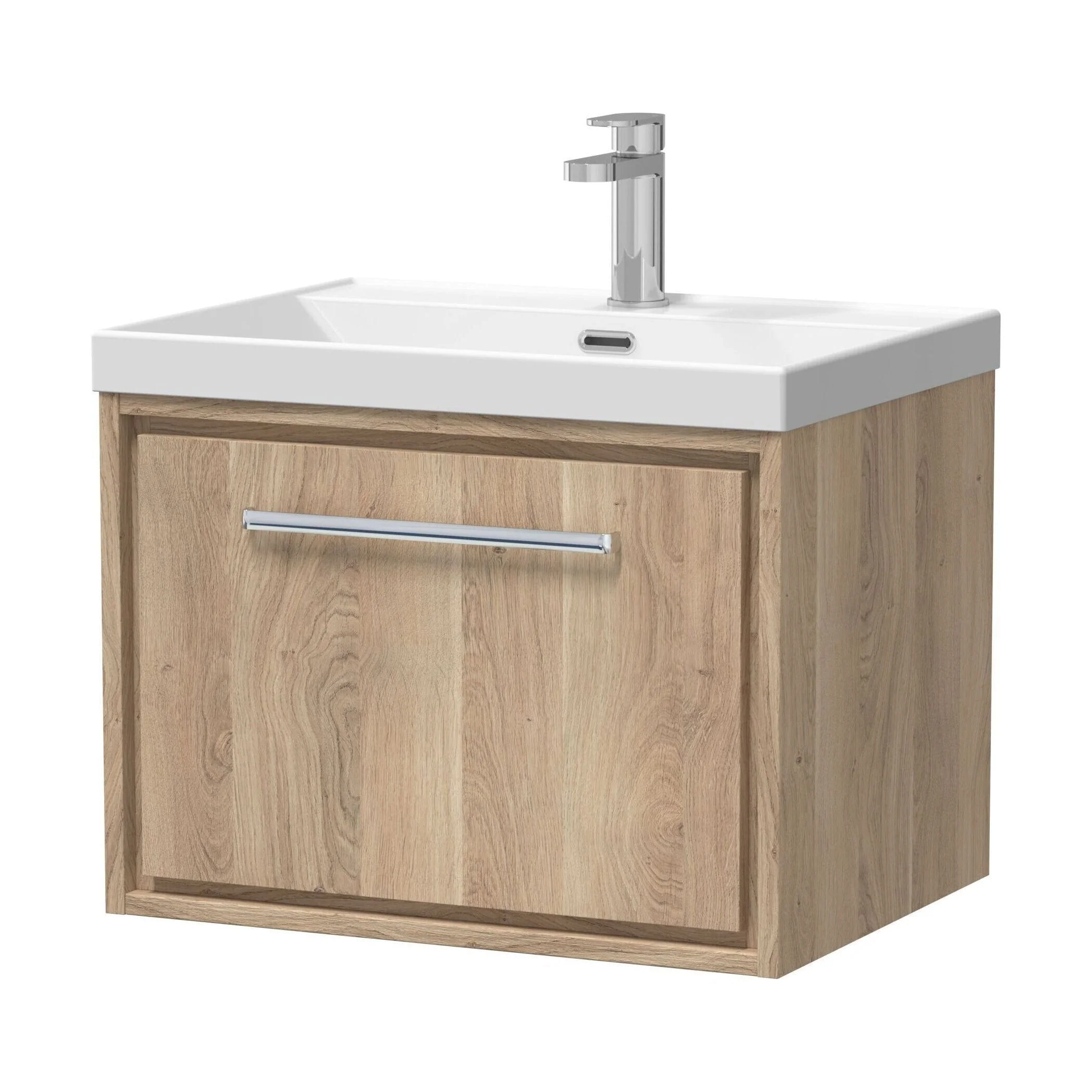 Longnor 1 Drawer Wall Hung Vanity Unit with 1 Tap Hole Thin Edge Basin, Light Oak, 600mm