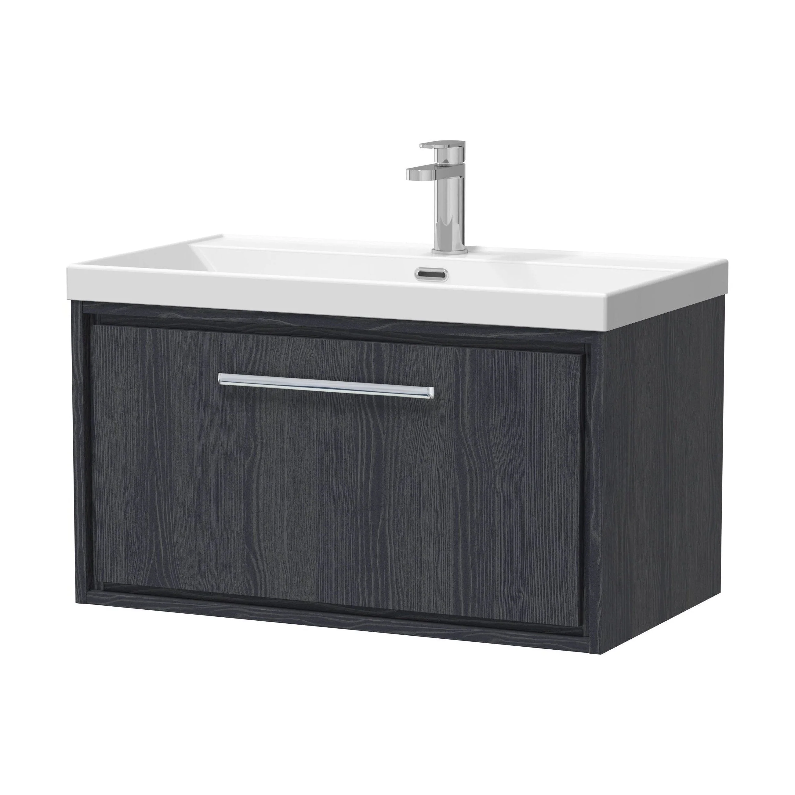 Longnor 1 Drawer Wall Hung Vanity Unit with 1 Tap Hole Thin Edge Basin, Woodgrain Graphite Grey, 800mm