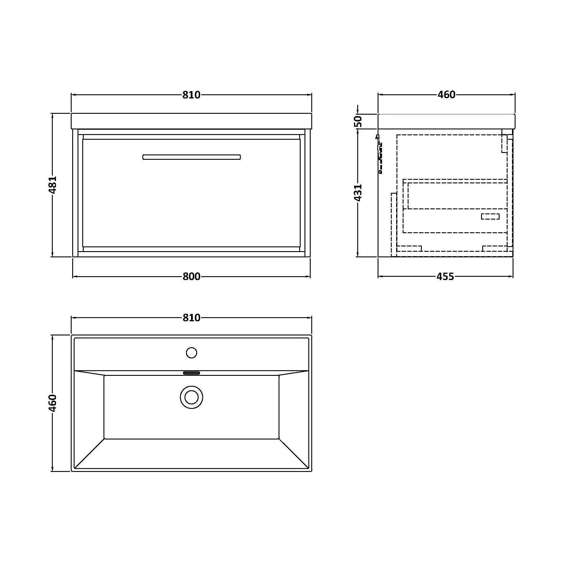 Longnor 1 Drawer Wall Hung Vanity Unit with 1 Tap Hole Thin Edge Basin, Woodgrain Graphite Grey, 800mm - Image 2
